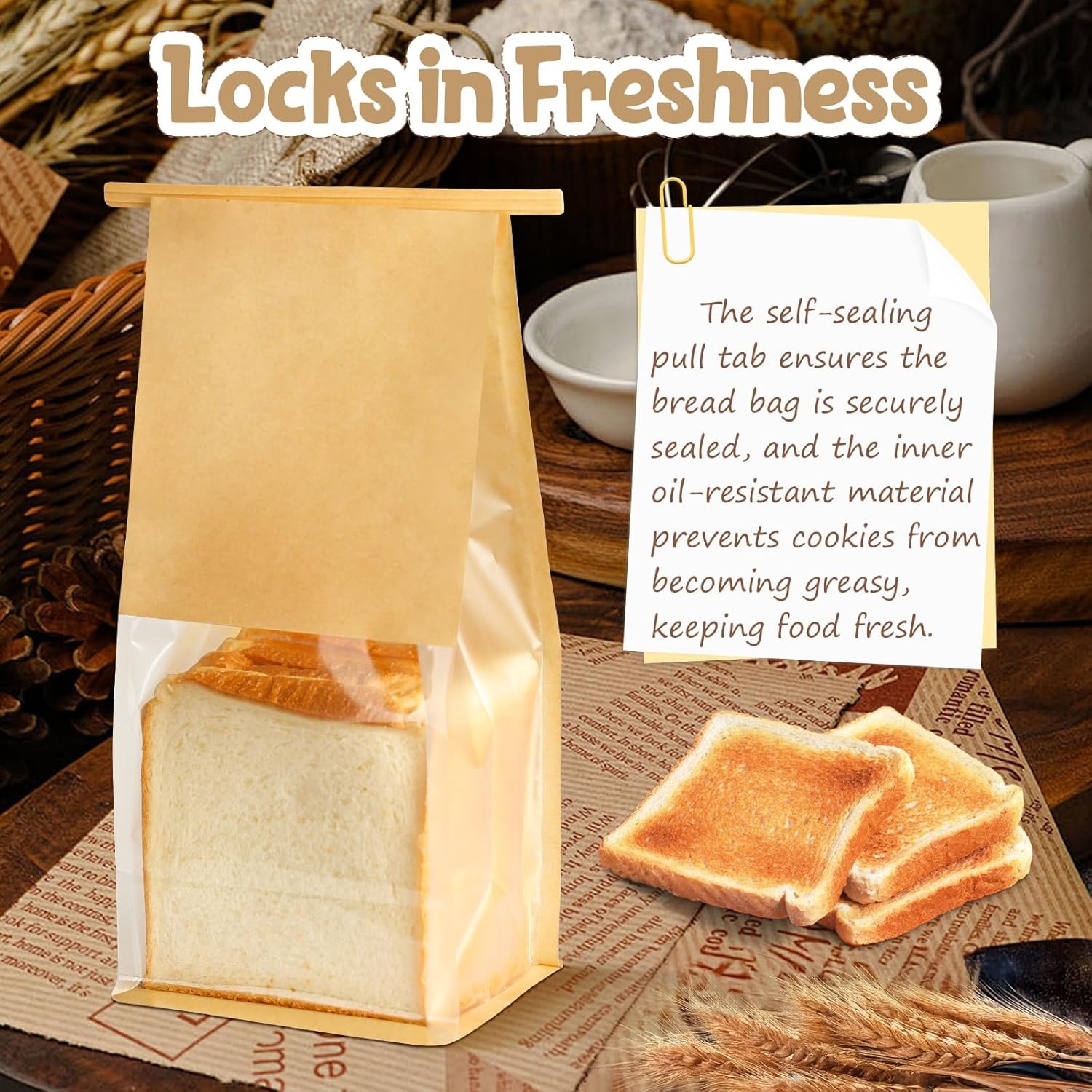 Großhandel 50 Stück wiederverwendbare Bäckereitaschen mit Fenster 11 x 5,1 x 3,9 Zoll, Hersteller für versiegelte Backwarenverpackungen mit Tin Tie und eigenem Logo, Lebensmittelqualität, stehend, für Plätzchen, Brezeln und andere Leckereien.