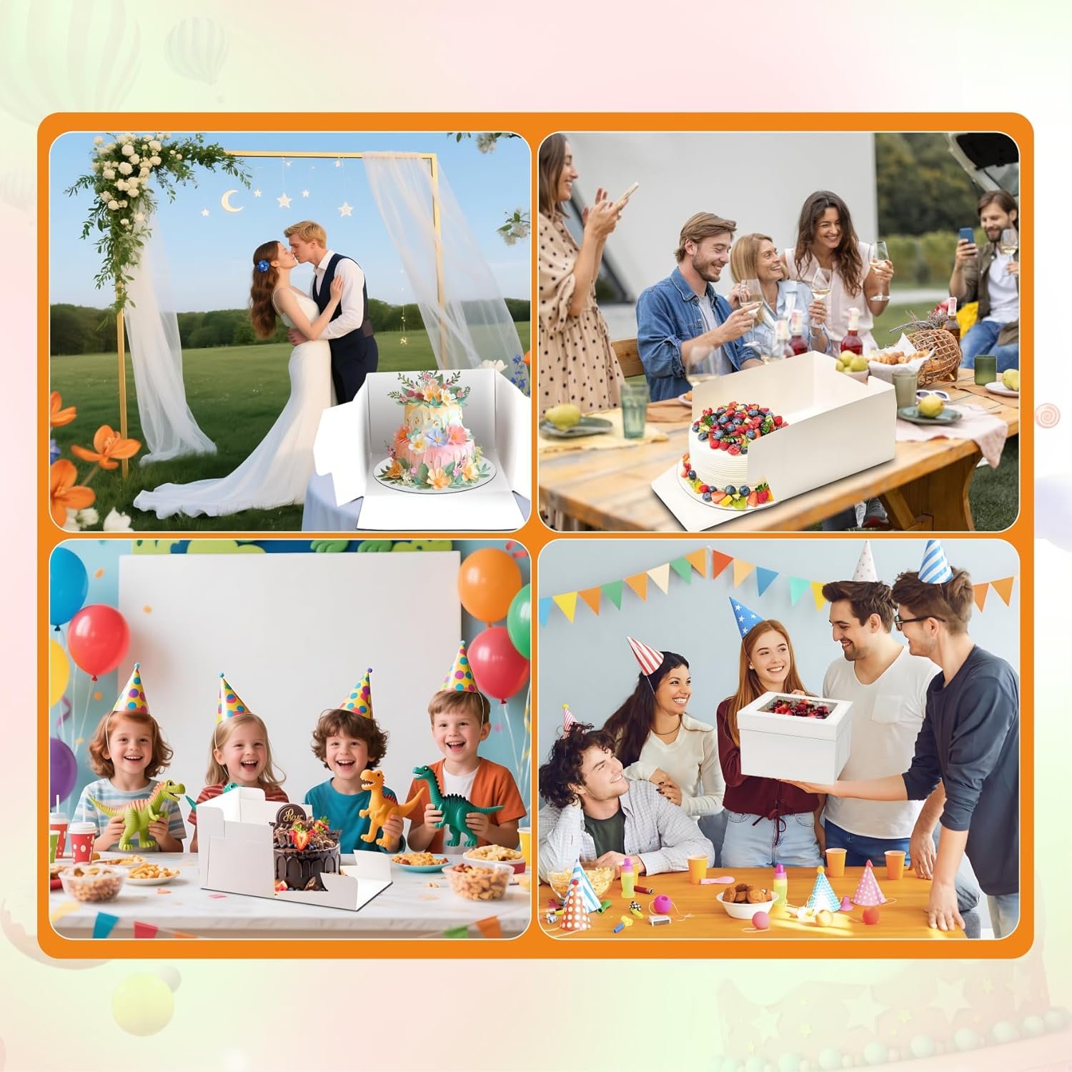 Großhandel 3er Set Kuchenboxen 10x10x8 Zoll mit Sichtfenster, Kuchenbrett und Aufkleber, Hersteller für hohe Kuchenboxen, geeignet für Geburtstag, Party, Hochzeit, Bankett, OEM.