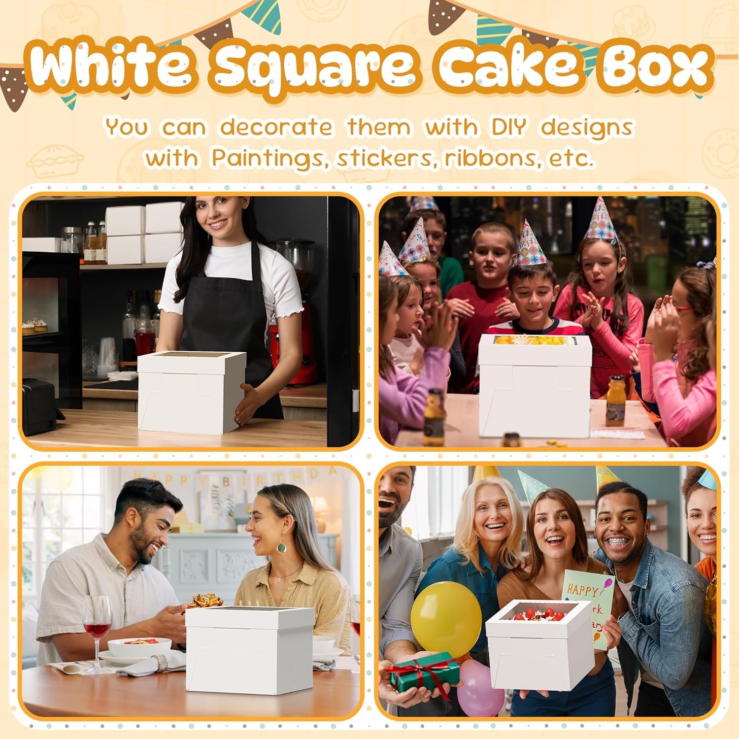 Individuelles Logo für 3er-Pack Kuchenboxen, 10x10x8 Zoll hohe Boxen mit Fenster, weiße Kuchenboxen mit Backblechen, quadratische Bäckereibox, ideal für Kuchen, Kekse, Desserts, Gebäck, Geburtstagsfeiern, Muttertag, Hochzeiten - Hersteller für hochwertige Verpackungen.