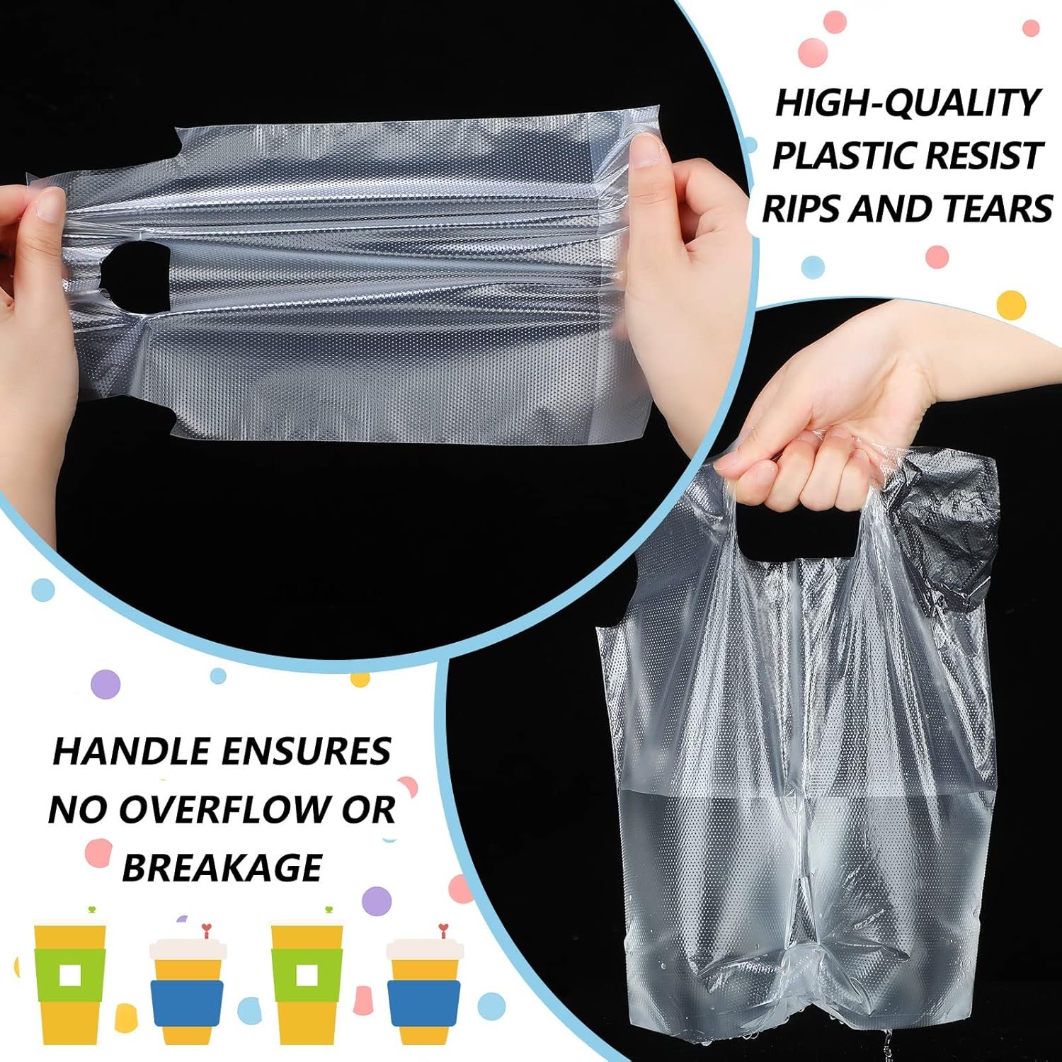 Individuelles Logo Tragetaschen 200 Stück Klarsichtgriff Polybeutel für 2 und 1 Cup, tragbare Becherträger mit Aufhängeloch, 6,3 x 10,2 und 12,2 x 10,2 Zoll, Eigenmarke von Hersteller