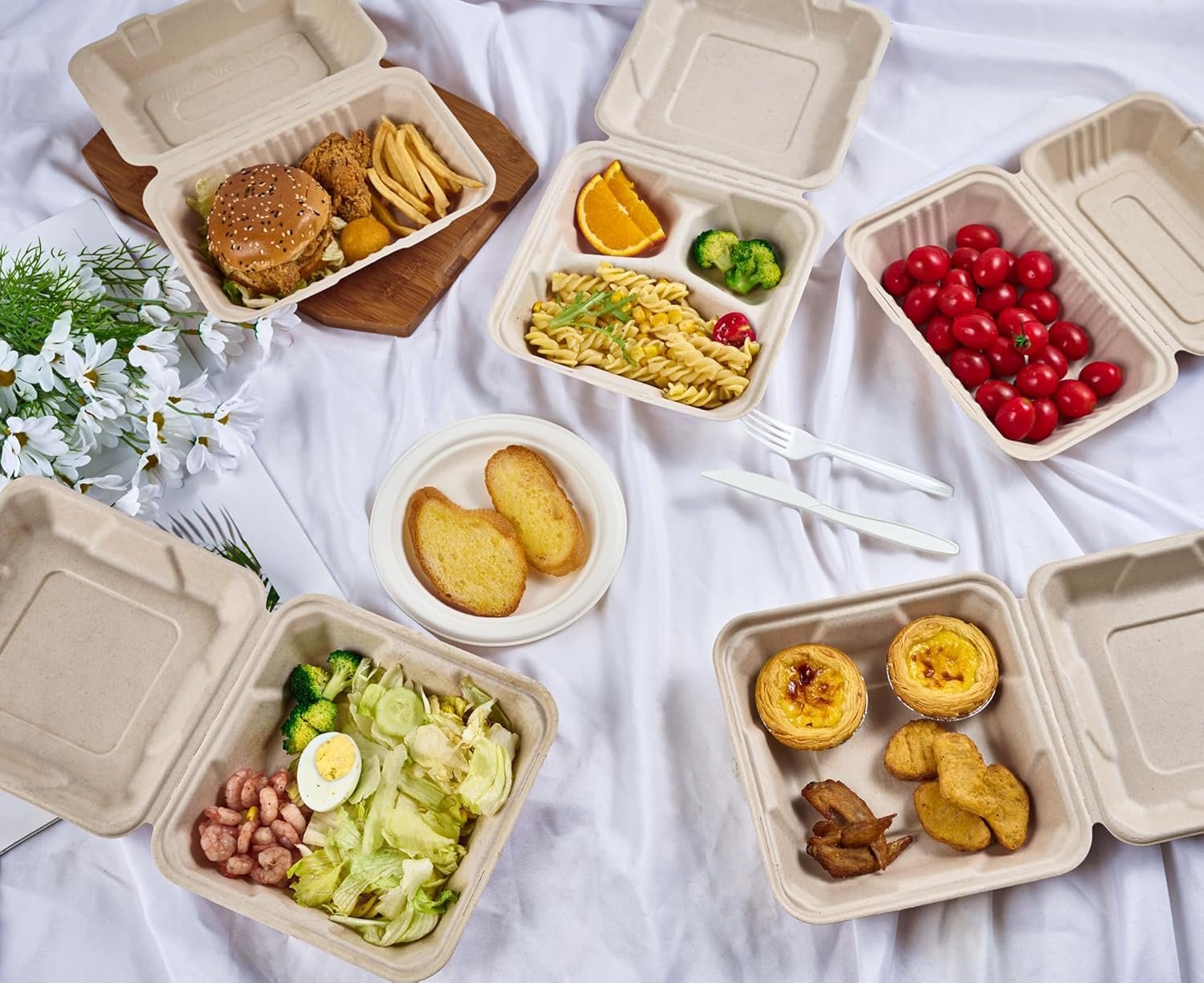 Großhandel 75er Pack Klappschalen für Take-Away, 9x6 Zoll schwere, 100% kompostierbare, umweltfreundliche Mehrwegbehälter, Hersteller von biologisch abbaubaren To-Go-Containern mit individuellem Logo.