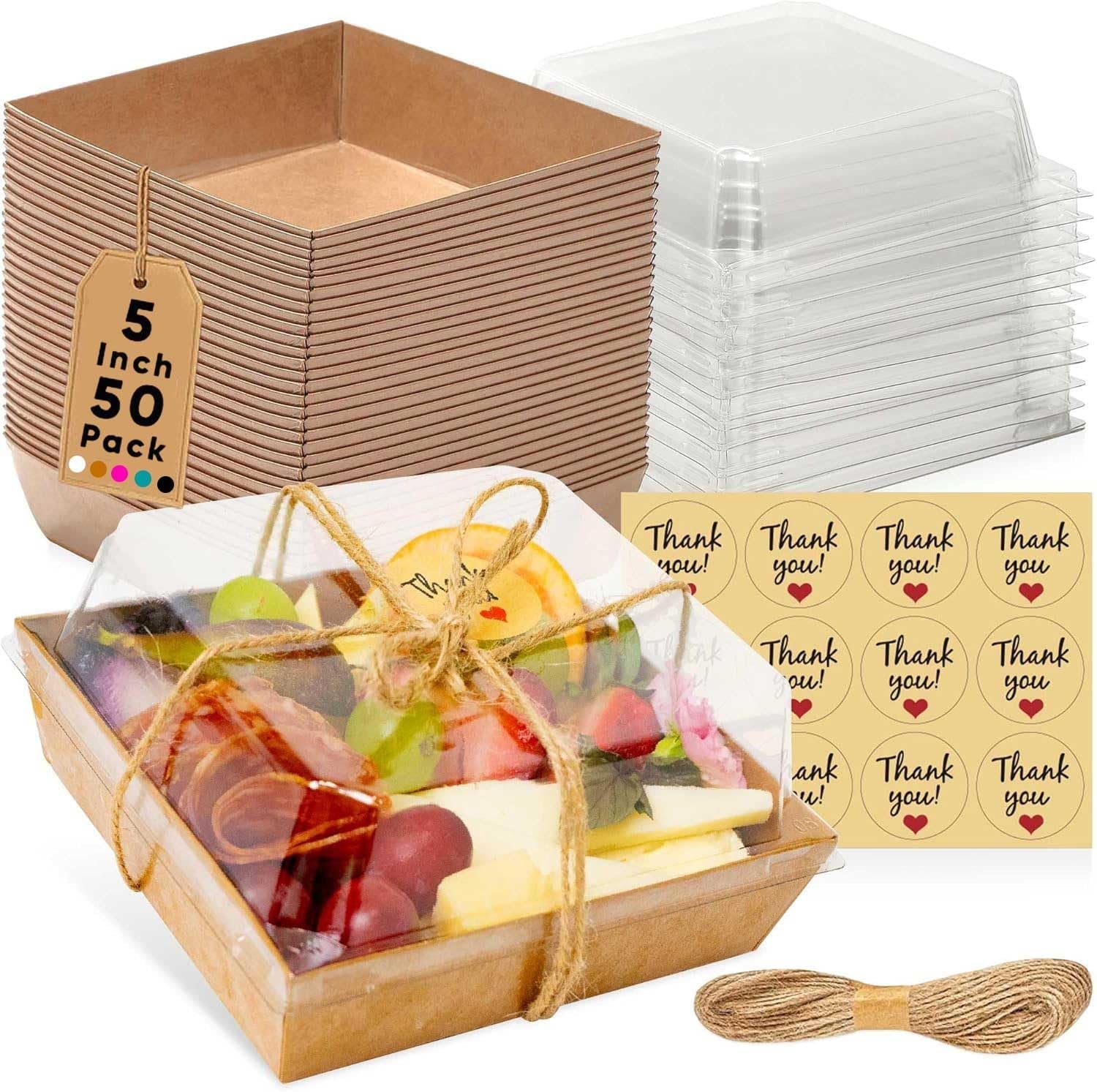Großhandel 50er Pack kleine Charcuterie Boxen mit klaren Deckeln - disposable Papier Mini Charcuterie Box, 5 Zoll Dessert Boxen für Sandwich, Kekse, Sushi, Kuchenstücke, Erdbeeren - Individuelles Logo, OEM
