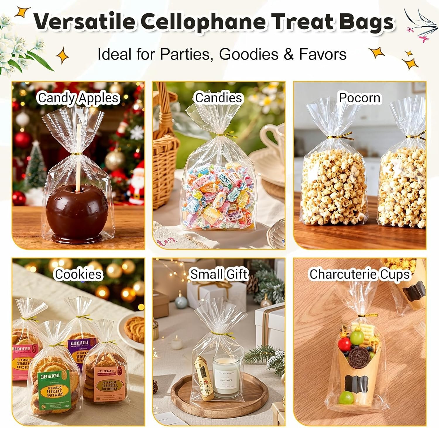 Großhandel Cellophane Treat Bags 6x9 Inch, 50 Pack klare Goodie Bags mit Bodenfalten für Stand-Up Display, kleine Plastiktüten für Cookies, Süßigkeiten, Partygeschenke, Popcorn, individuelles Logo, inklusive 50 goldene Bänder.