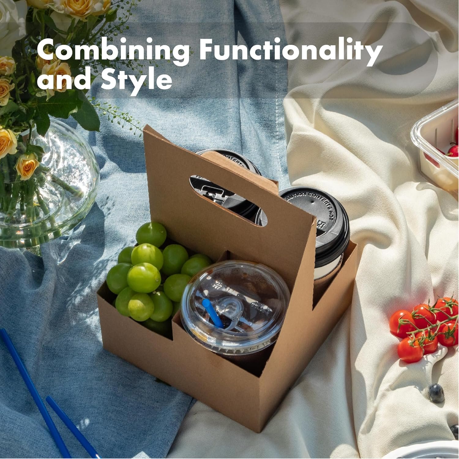 Großhandel 25er Pack wegwerfbarer Getränketräger mit Griff für 12-30 oz Kaffeebecher, Cup Carrier für kalte und heiße Getränke, individuell gestaltbar durch Eigenmarke und OEM.