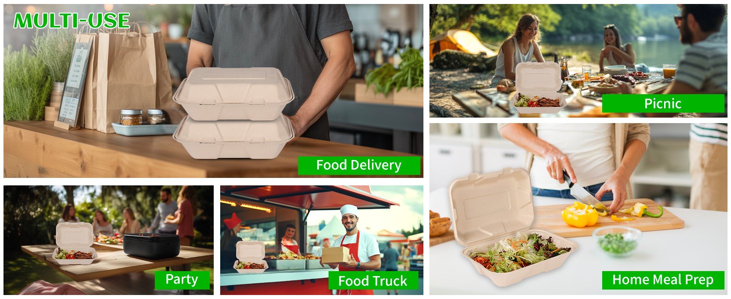 Großhandel 100 Stück kompostierbare 9x6 Zoll Takeout-Lunchboxen mit Deckel, Klappcontainer für Speisen, PFAS-frei, biologisch abbaubar aus Bagasse, individuell bedruckbar, vom Hersteller.