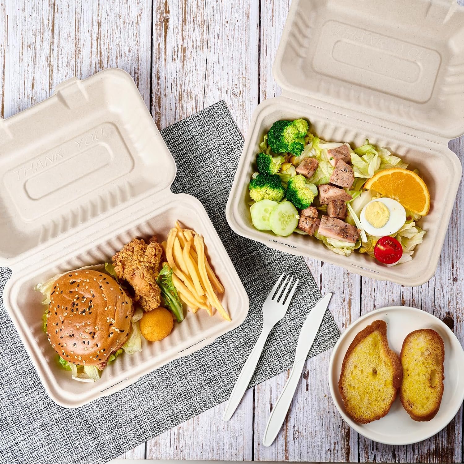 Großhandel 75er Pack Klappschalen für Take-Away, 9x6 Zoll schwere, 100% kompostierbare, umweltfreundliche Mehrwegbehälter, Hersteller von biologisch abbaubaren To-Go-Containern mit individuellem Logo.