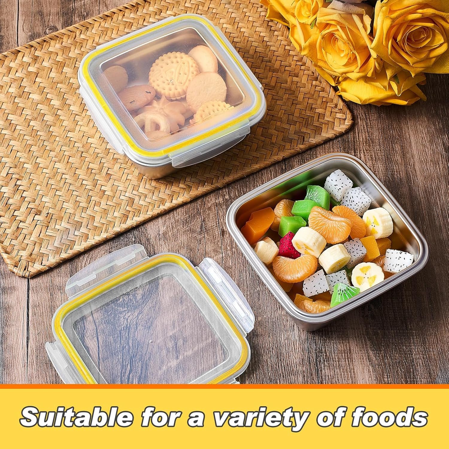 Großhandel Edelstahl-Sandwichbehälter mit Deckeln 25,4 oz, Individuelles Logo für Lunchboxen, Hersteller von luftdichten Silikonversiegelungen für Sandwiches und Snacks (Gelb)