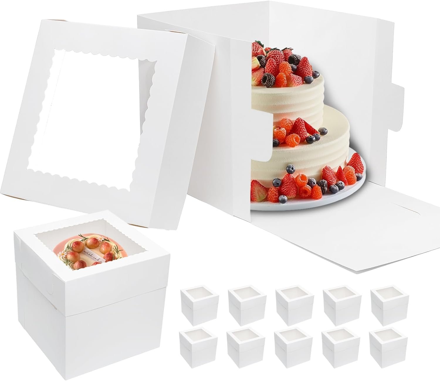 Großhandel 10 Stück 12 Zoll hohe Kuchenboxen mit Fenster, ideale Verpackungslösungen für Hochzeit, Geburtstag und Party, individuell bedruckbar, Hersteller von Einweg-Backbehältern, große Karton-Trageboxen.