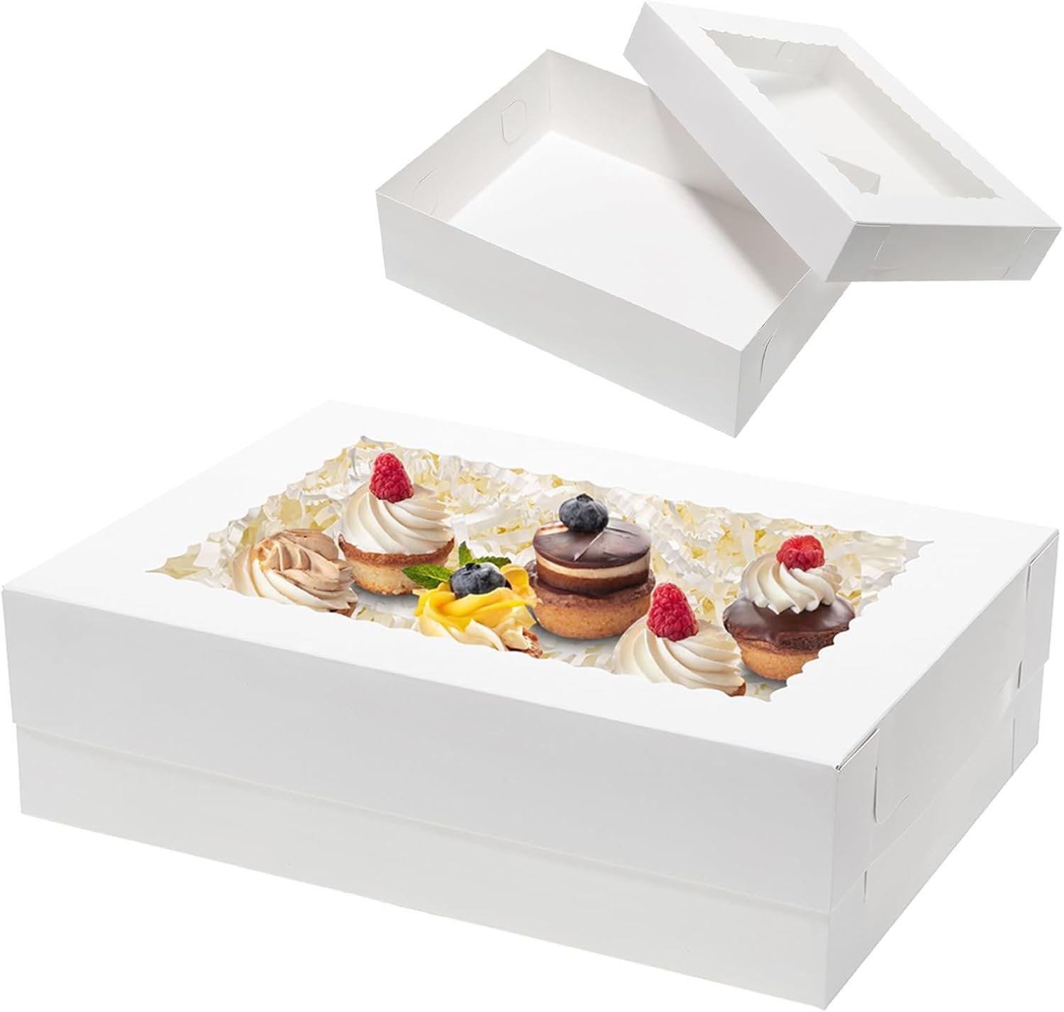Großhandel 10 Stück 14x10x4 Kuchenboxen mit Fenster rechteckige Viertelblatt Bäckereiboxen für die Verpackung von Gebäck, Kuchen, Cupcakes, Donuts, Keksen, Torten - Individuelles Logo, Hersteller für Bulk-Bestellungen