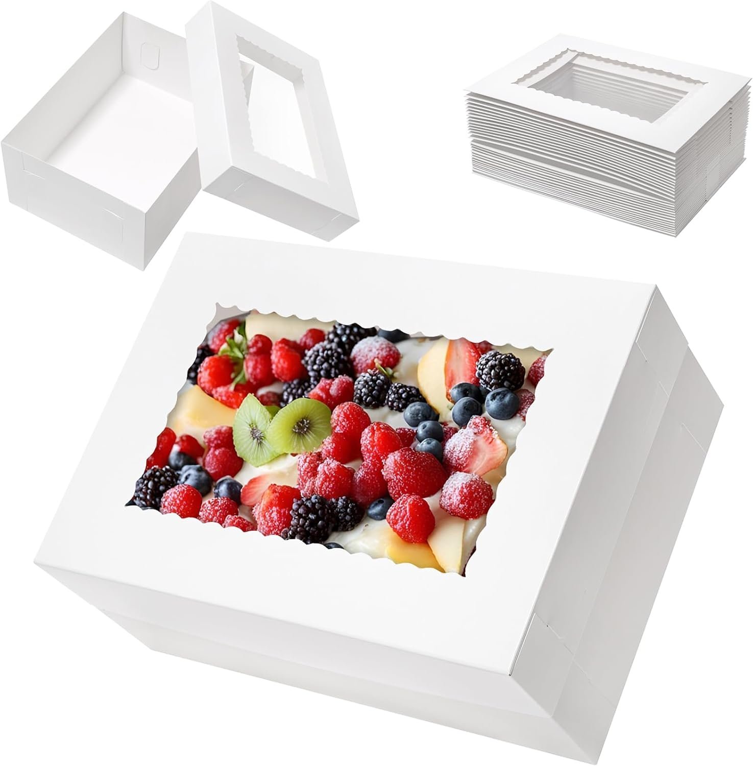 Großhandel 10 Stück 14x10x6 cm Kuchenboxen mit Fenster rechteckige Viertelbogen Bäckereiboxen für Gebäck, Torten, Cupcakes, Donuts, Kekse, Pies – Individuelles Logo, OEM Verpackung in Weiß