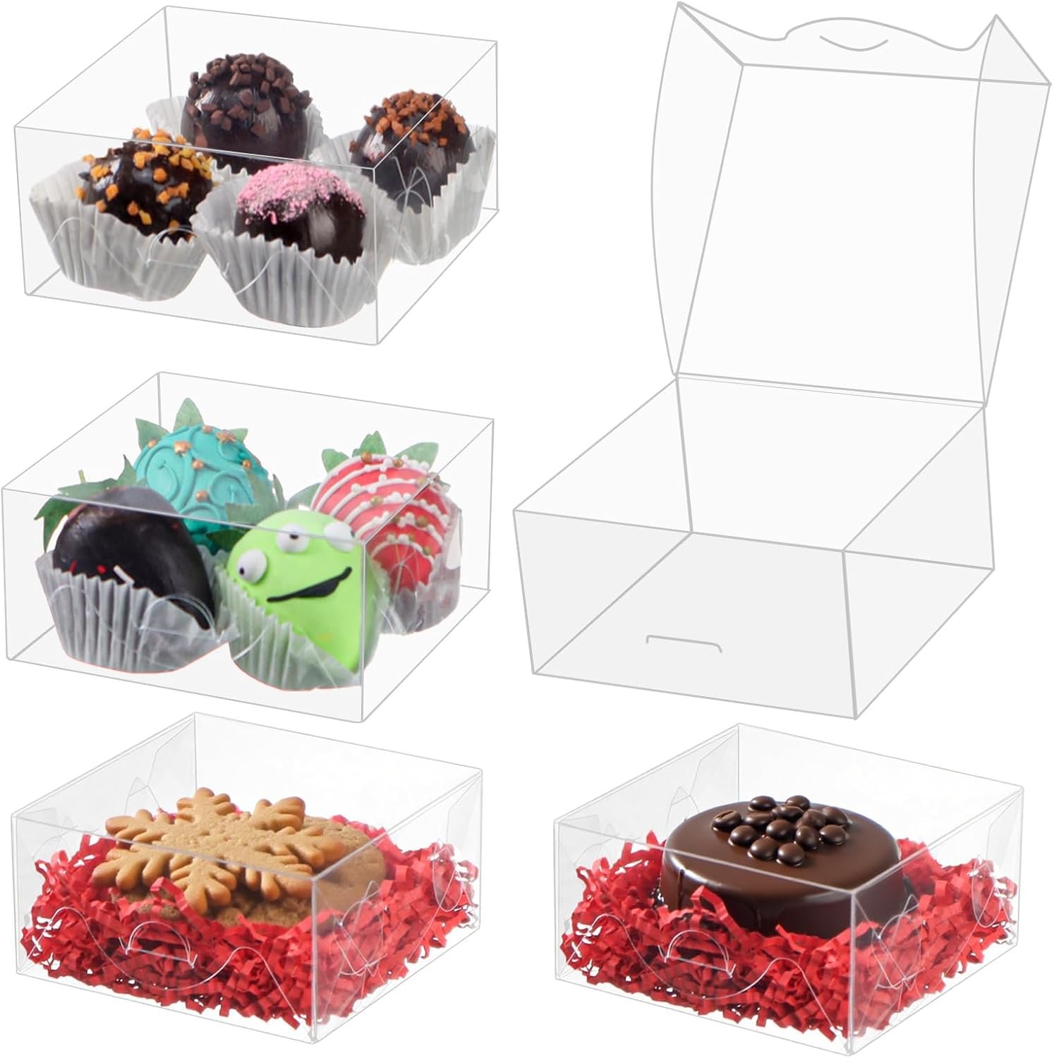 Großhandel 100 Stück 4x4x2 Zoll klare Kunststoff-Geschenkkartons für Cookies, Pralinen, Trüffel, Brownies und mehr mit individuellem Logo vom Hersteller. Großhandel 100 Stück 4x4x2 Zoll klare Kunststoff-Geschenkkartons für Cookies, Pralinen, Trüffel, Brownies und mehr mit individuellem Logo vom Hersteller.