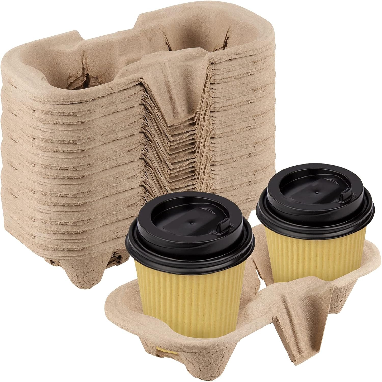 Großhandel 100 Stück Träger für 2 Tassen aus Pulp-Faser, Holder Tray aus geformter Faser, kompostierbarer Kaffee-Tray für heiße oder kalte Getränke, Eigenmarke vom Hersteller. Großhandel 100 Stück Träger für 2 Tassen aus Pulp-Faser, Holder Tray aus geformter Faser, kompostierbarer Kaffee-Tray für heiße oder kalte Getränke, Eigenmarke vom Hersteller.