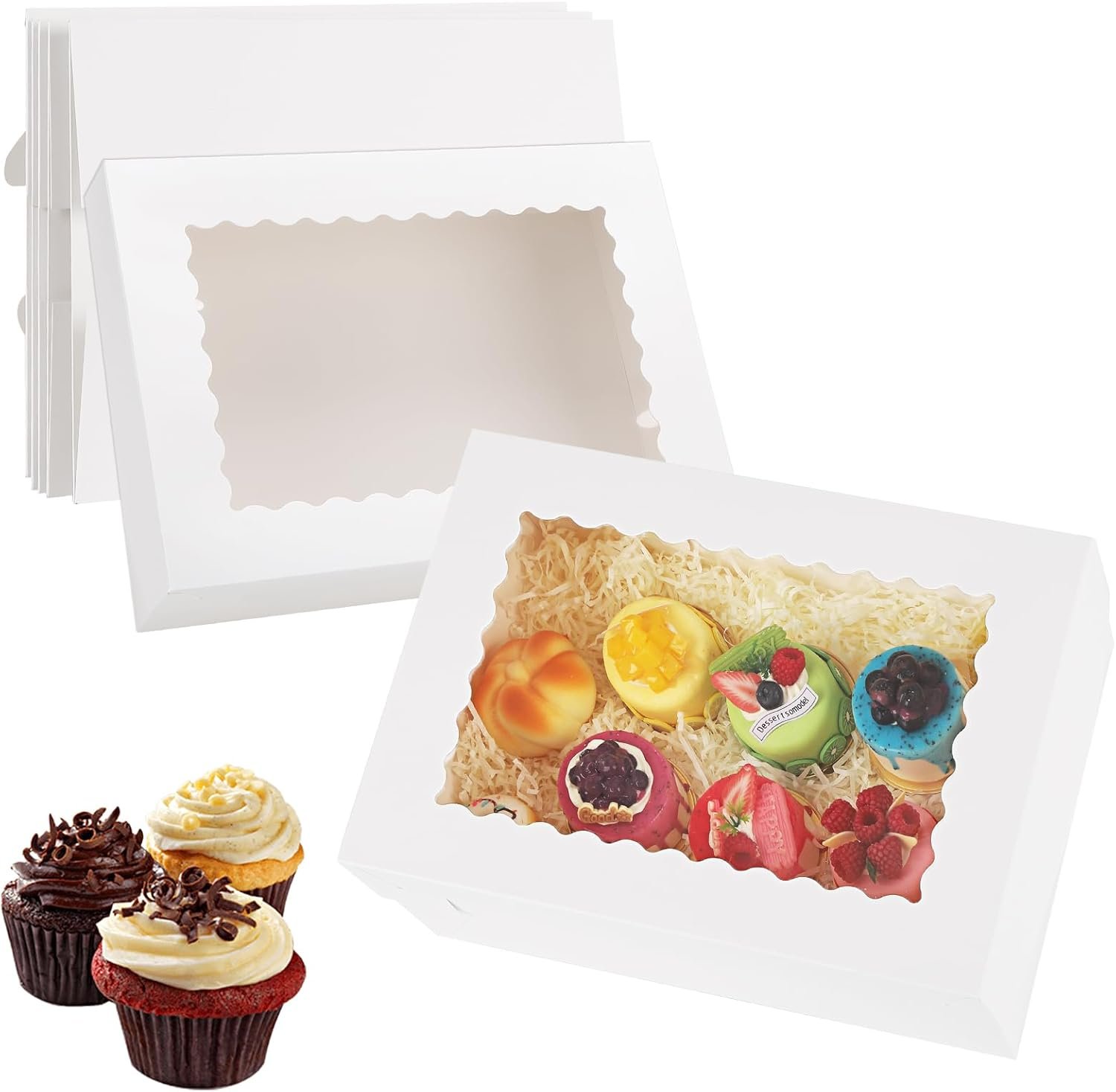 Großhandel 12 Sets 14x10x4 Zoll Weißer Bäckereikarton mit Fenster, individuelle Logo Gestaltung für große Mengen von Tortenverpackungen, Hersteller für Gebäck, Kuchen, Donuts und Cupcakes.