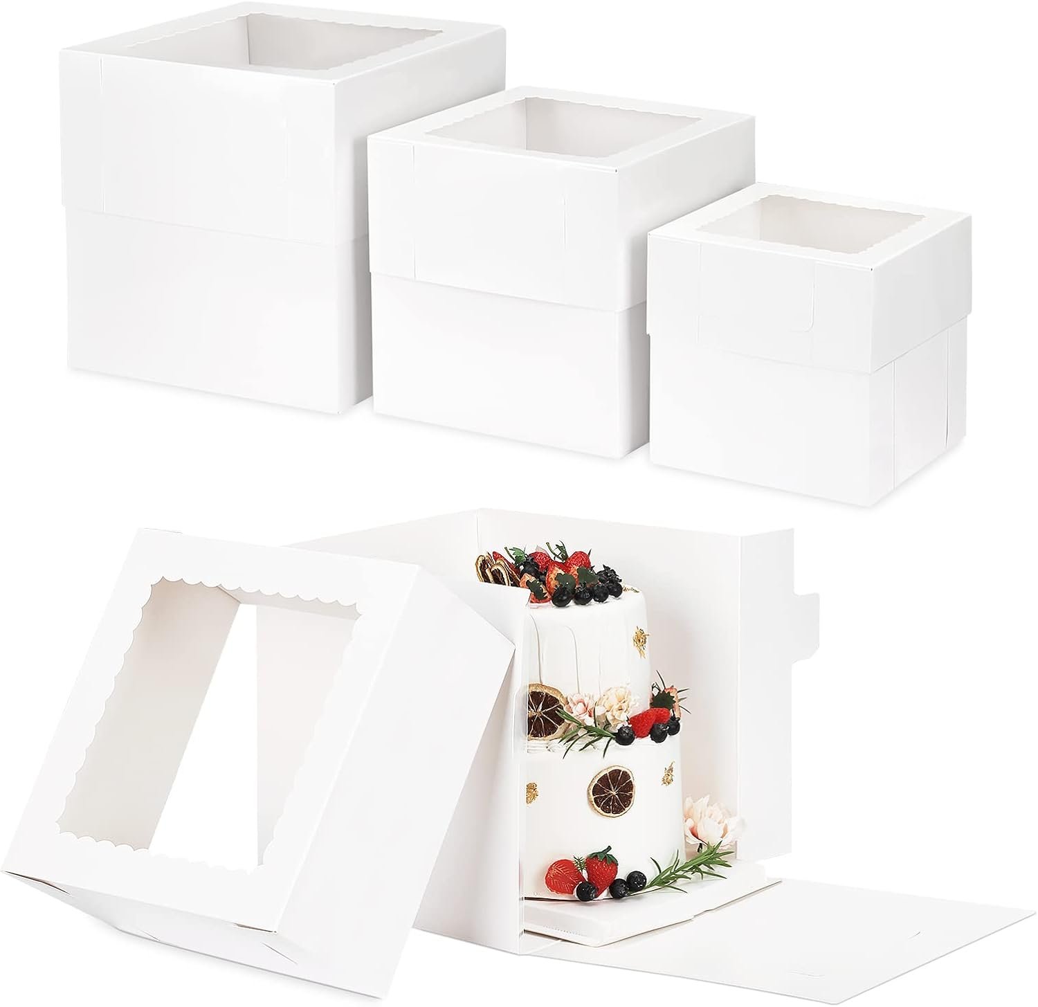 Großhandel 12 Stück Kuchenboxen, höhe Kuchenboxen mit Fenstern in 3 Größen 12x12x12, 10x10x10, 8x8x8 Zoll, OEM kompatible Bäckereiboxen, tragbare Take-Out-Behälter für mehrere Tiers, Eigenmarke für Valentinstag und Muttertag.