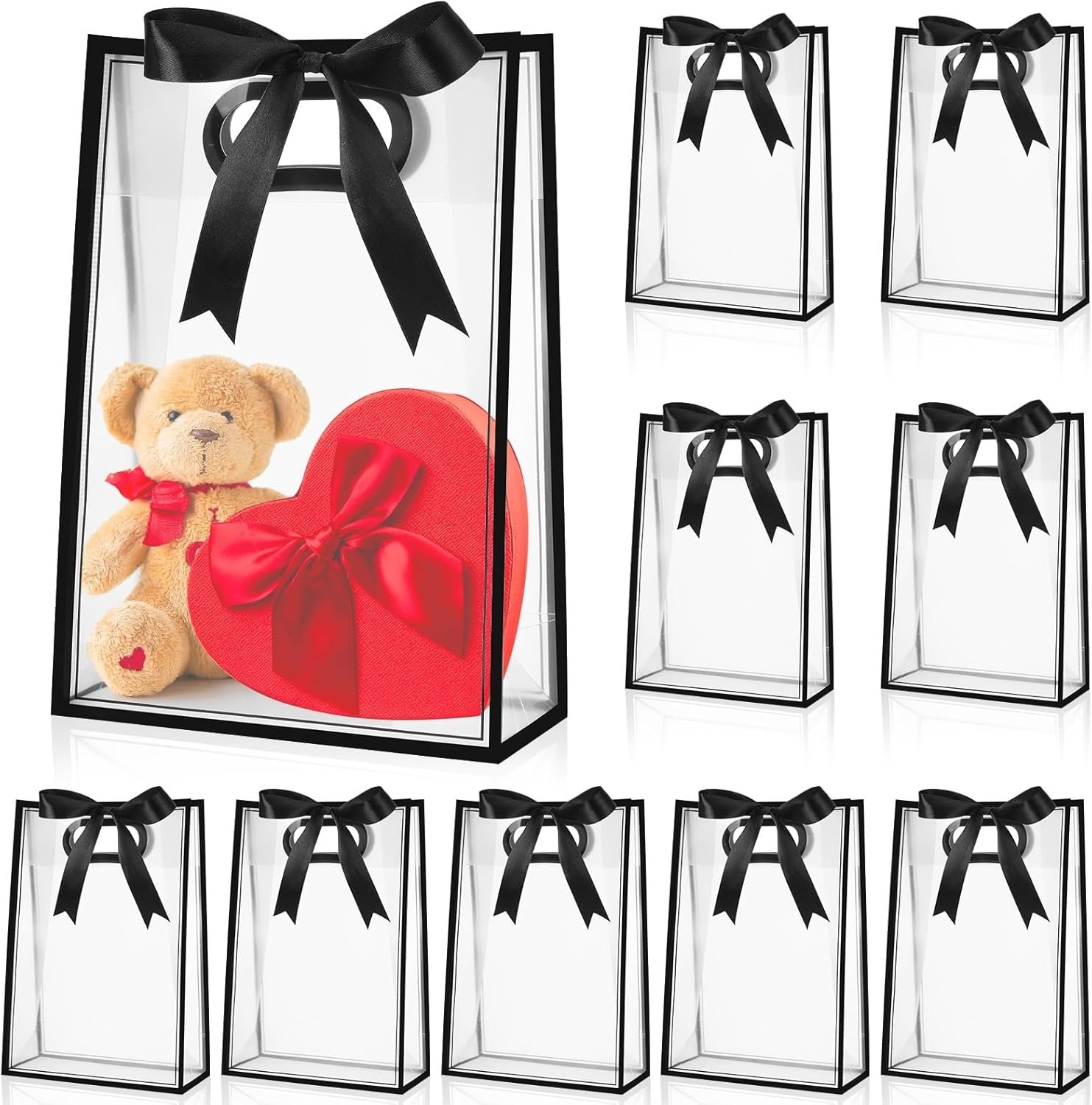 Großhandel 12 Stück transparente Kunststoff Geschenkbeutel mit ausgestanzten Griffen, wiederverwendbare PP Favoritentüte mit Schleife für Hochzeit, Abschlussfeier, Geburtstag, Babyparty, kleine Unternehmen, 7x10x3,15 Zoll (schwarz) – Individuelles Logo, OEM Lieferant.