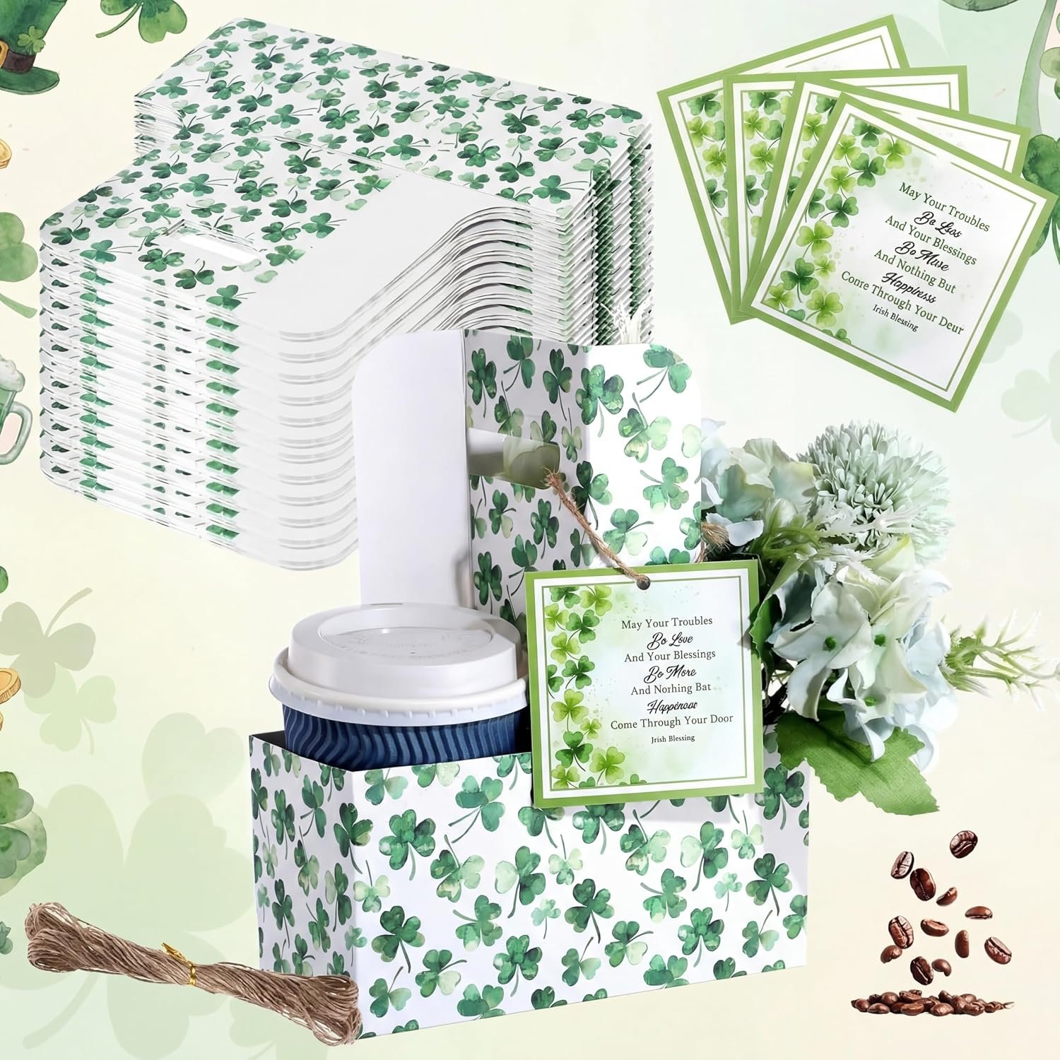 Großhandel 12er Set Träger für 2 Tassen mit Griff für St. Patrick's Day, Hersteller von beschichteten Kraftpapierhaltern, individuell bedruckbar, für kalte und heiße Getränke, ideal für Partybedarf