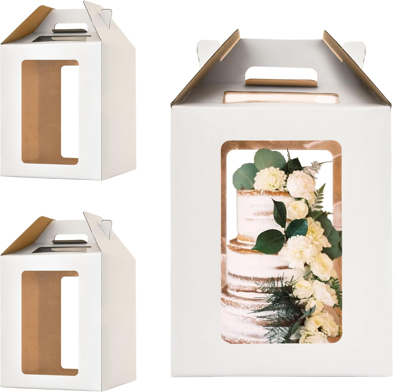 Großhandel 12x12x14 Zoll große Tortenschachteln mit Fenstern, langlebige weiße Bäckerei-Box, eigene Marke, 10 und 12 Zoll hohe Tortenträger, 2 Stück im Set für mehrstufige Torten.