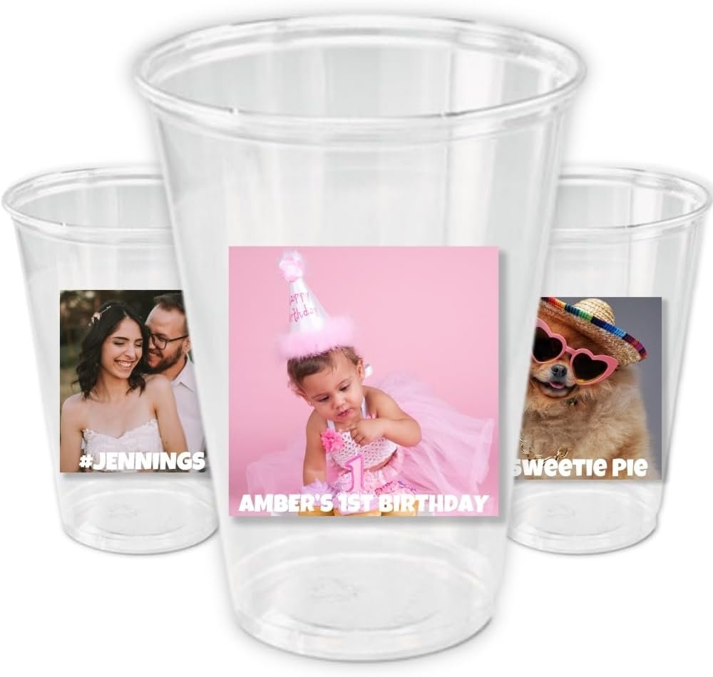 Großhandel 16oz Einweg-Plastikbecher mit quadratischem Bild, lustige personalisierte Becher für Hochzeitsgeschirr, individuelle Marken für Kindergeburtstagsfeiern, OEM Erwachsene Junggesellenabschied Zubehör, 1. Geburtstag, 21. und 50. Geburtstag