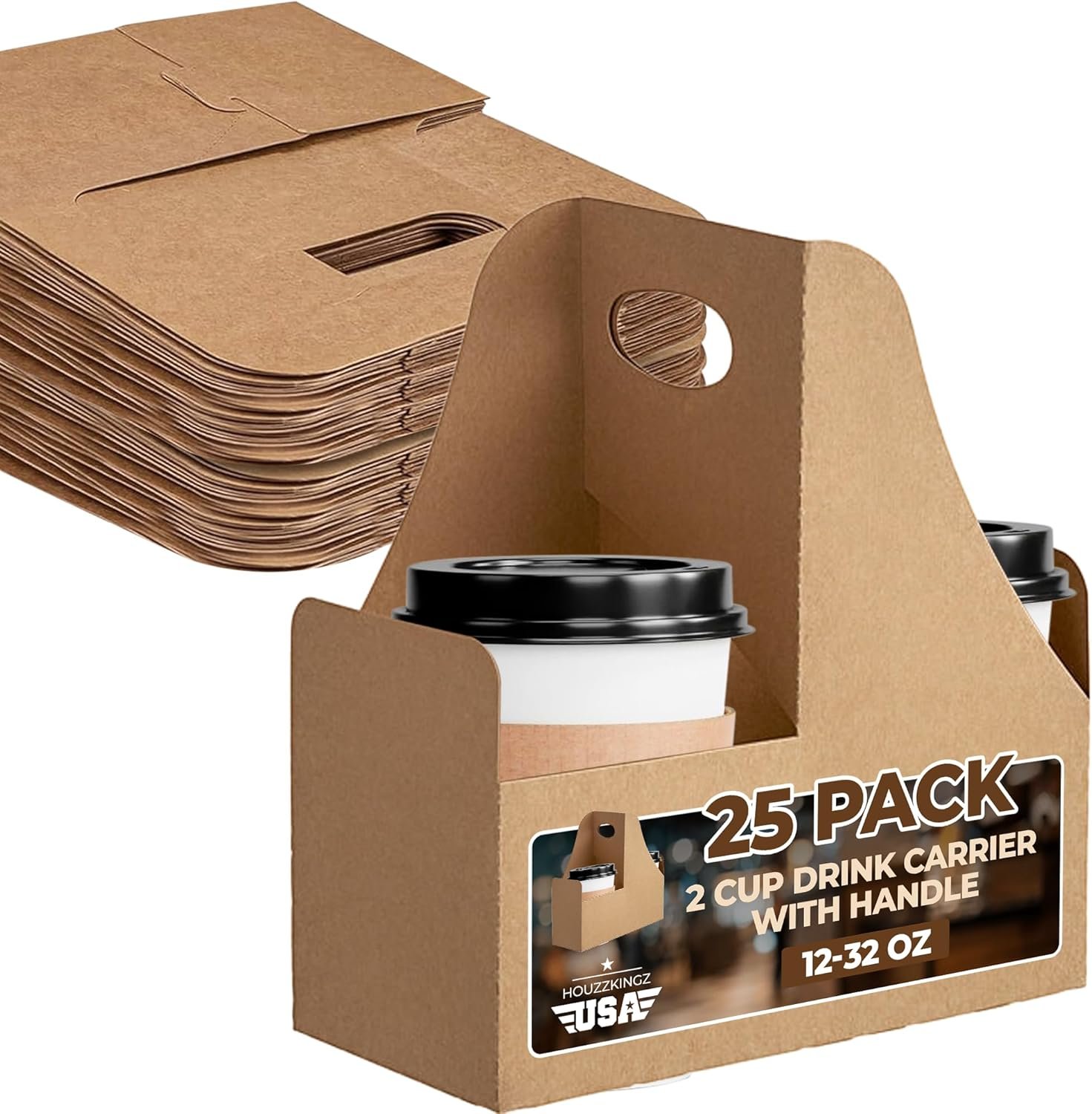 Großhandel 2 Cup Drink Träger mit Griff [25 Pack] tragbarer Becherträger | Einweg-Becherhalter für Getränke - Lieferdienst Becherträger mit individuellem Logo | OEM Caddy für Kaffee mit Griff