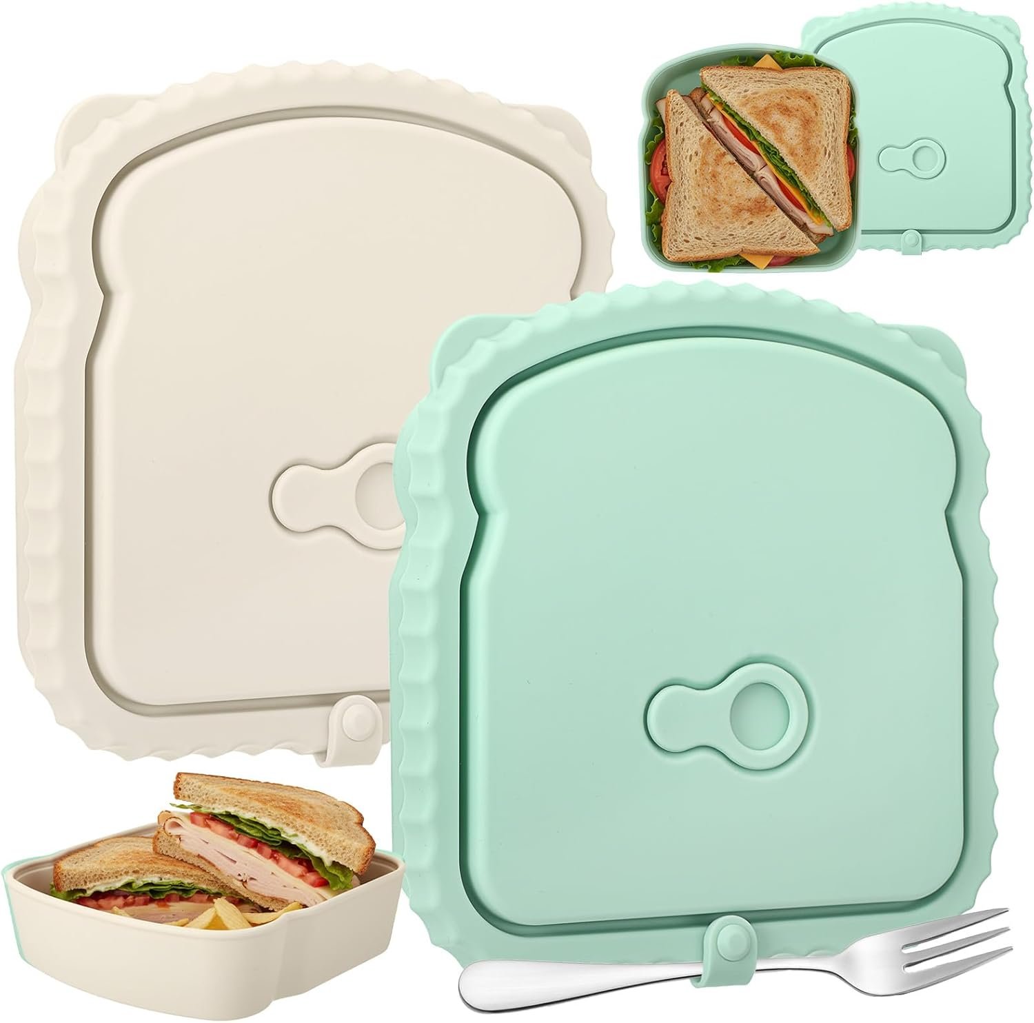 Großhandel 2 Stück 20 oz Silikon Sandwichbehälter für Büro und Camping, wiederverwendbare, auslaufsichere Brotdosen in Toastform mit Deckel, Hersteller für individuelle Logos, mikrowellen- und spülmaschinenfest.