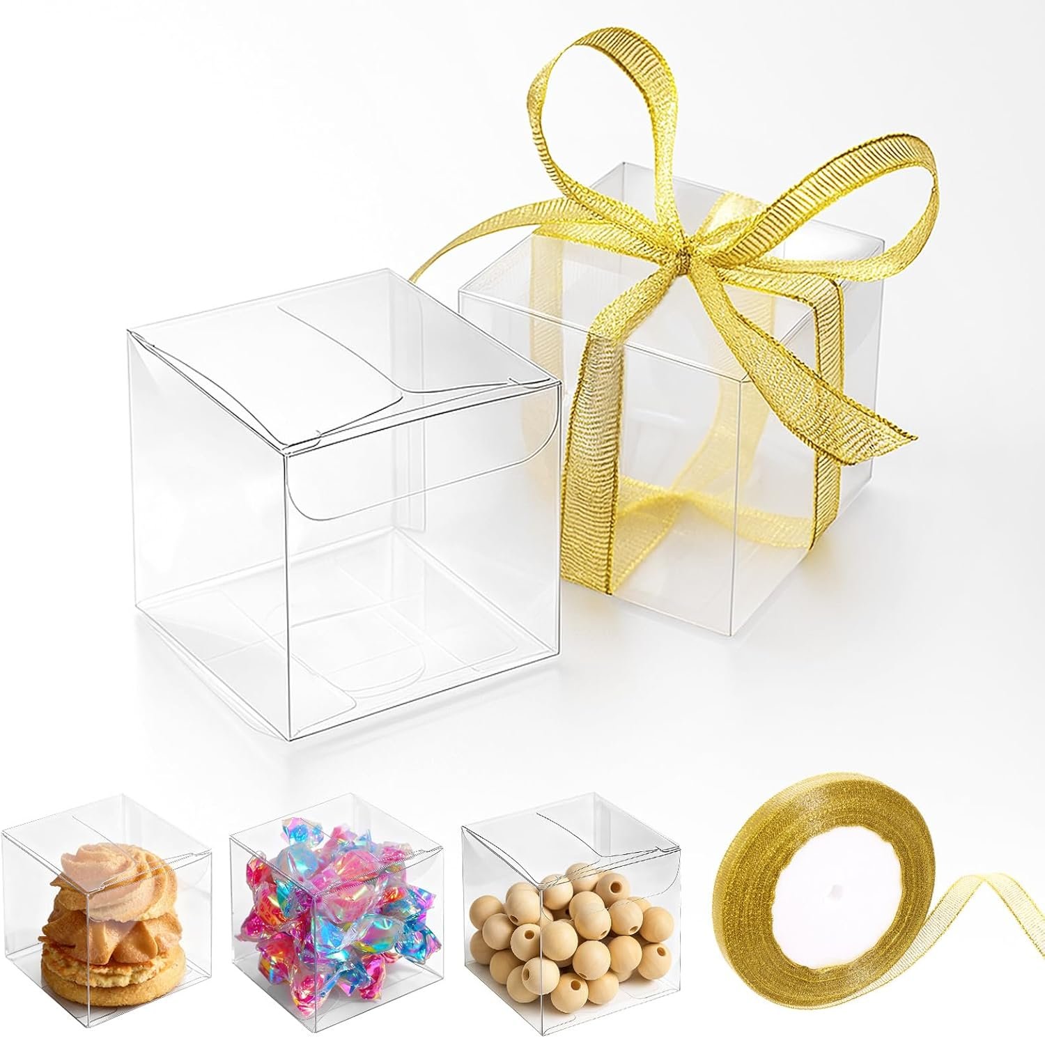 Großhandel 200 Packung klare Favoritenboxen 2 x 2 x 2 Zoll mit Bändern, individuell bedruckbare Mini-Transparente Würfelformen für Macarons, OEM Plastik Geschenkboxen für Hochzeit, Babyparty, Geburtstag, Partygeschenke
