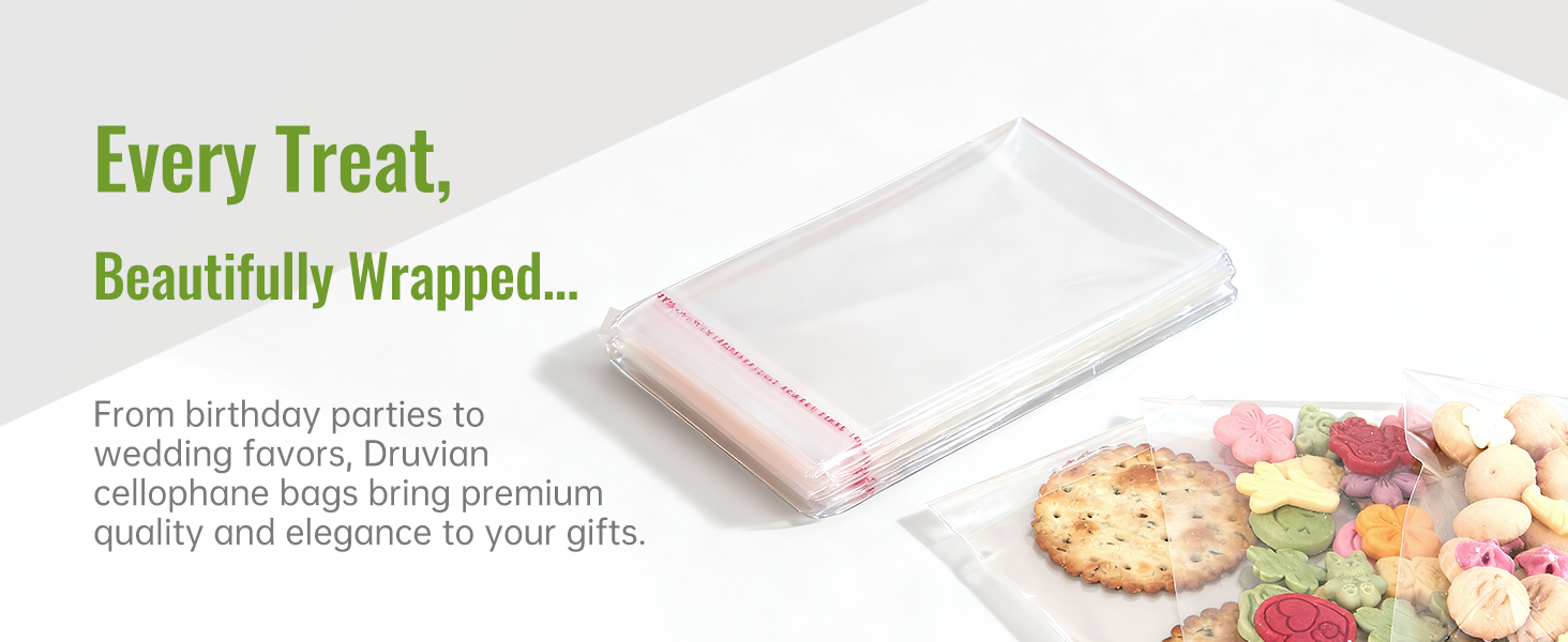 Großhandel 200 Stück klar 5×7 Zoll selbstklebende Zellophanbeutel für Lebensmittel, Resealable transparente Verpackungen für Snacks, Süßigkeiten und Kekse, individuell bedruckte Treat Wrappers für Hochzeiten und Geburtstagsfeiern, Hersteller, Eigenmarke.