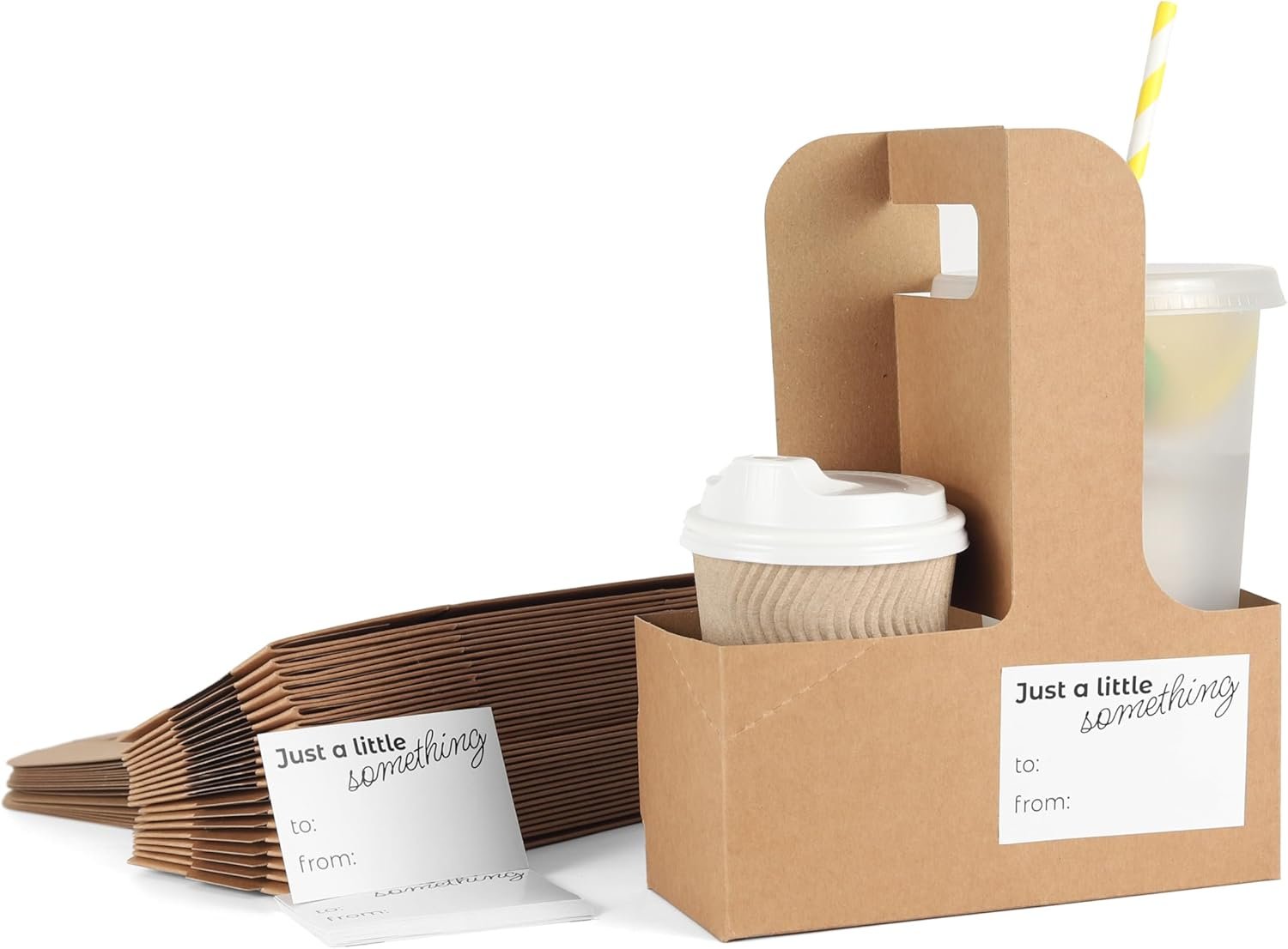 Großhandel 20er Pack Einweg Getränkehalter mit Griff für 2 oder 4 Becher — Kraftpapierträger für heiße oder kalte Getränke, Hersteller von Papieranbietern, inklusive 20 Aufkleber für Partygeschenk-Dekoration, Geburtstag und Hochzeit.