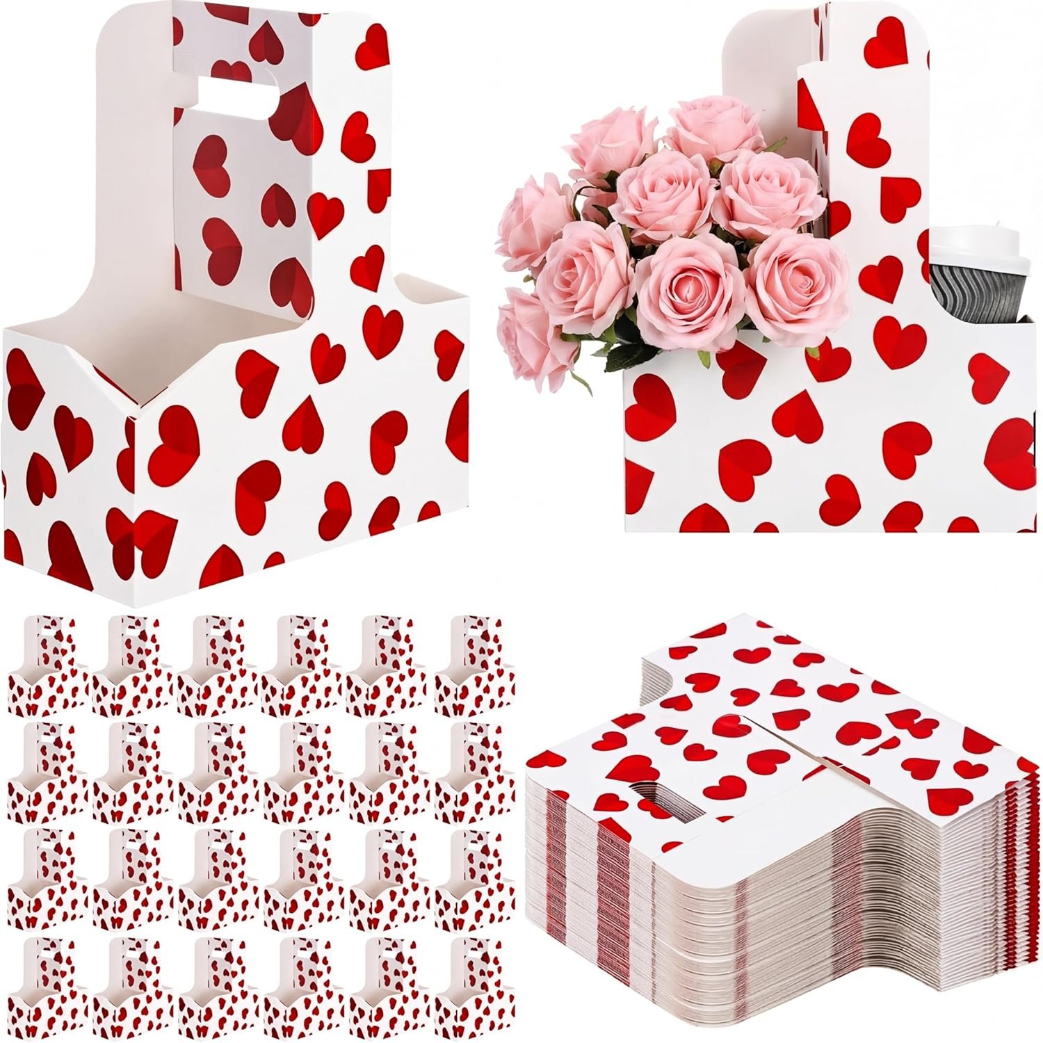 Großhandel 24 Stück Tragbarer Getränke-Träger mit Griff für 2 Becher, faltbares Herz-Papierboard für Galentines-Partybedarf, OEM für heiße und kalte Getränke, individuelles Logo verfügbar.