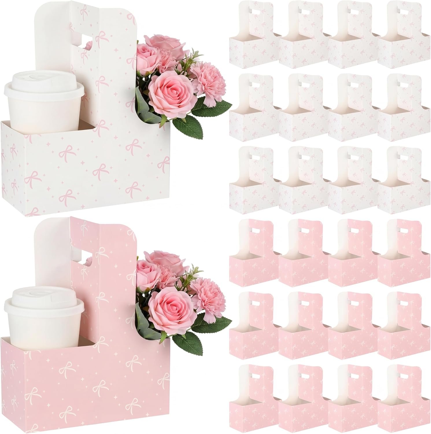 Großhandel 24 Stück pinke Bow-Dekorationspapiertüten und Karton-Geschenktüten, 2 Tassen Getränketräger mit Griff, tragbare Träger für Blumen- und Kaffeetassen, OEM, faltbare Becherhalter für Partybedarf