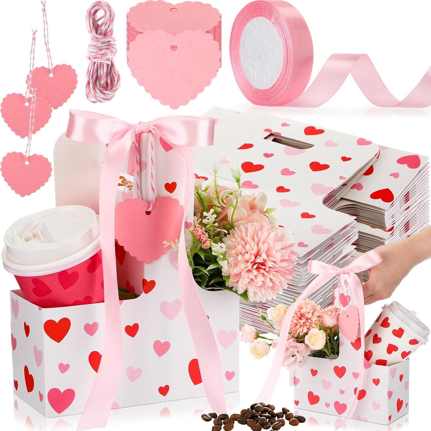 Großhandel 24er Pack tragbarer Getränketräger für 2 Becher mit Griff, Herzform Grußkarte, pinkes Band, individuelle Logooptionen für heiße und kalte Getränke, Kaffee, als Bulk-Angebot erhältlich.