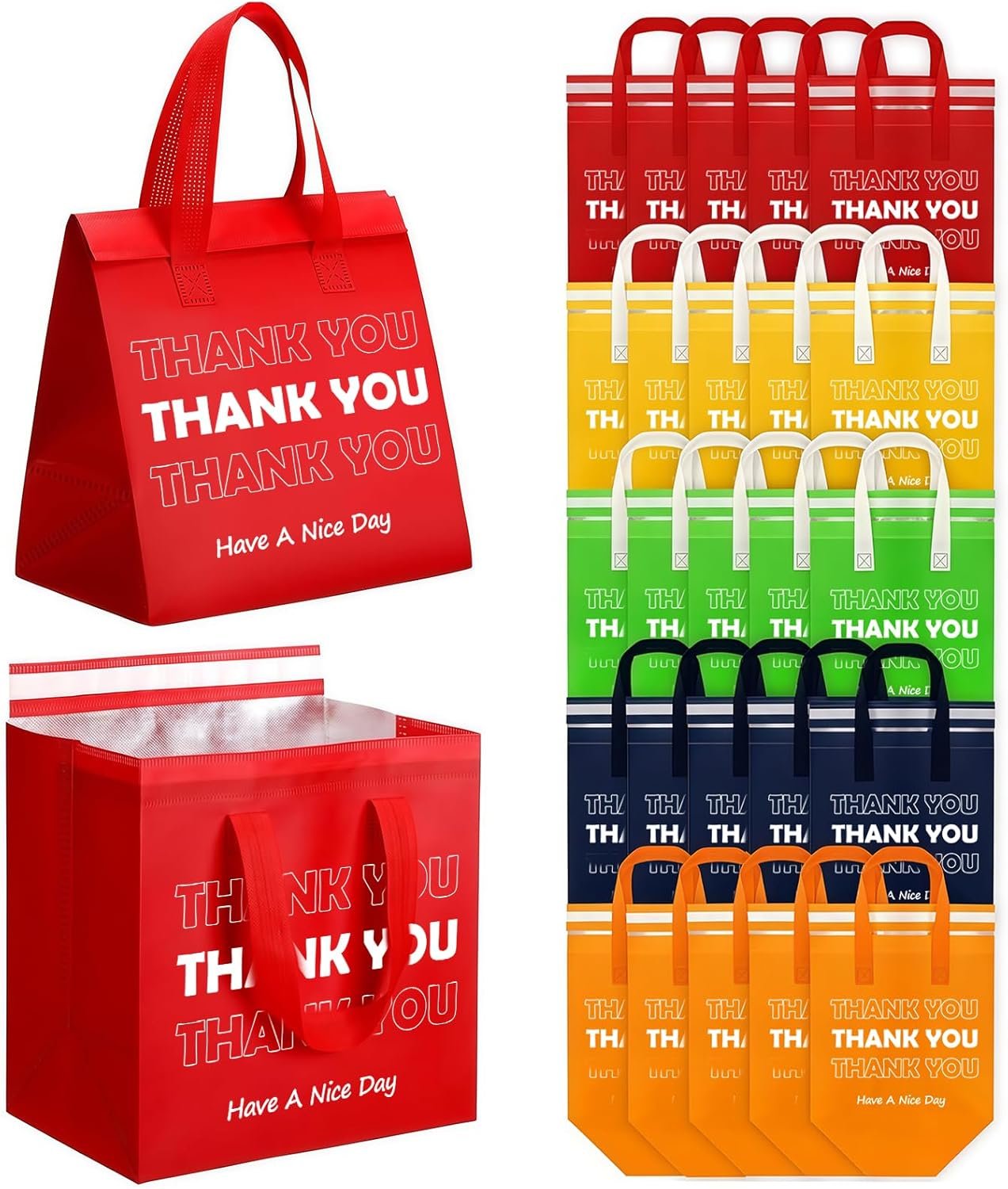 Großhandel 25 Stück Thermo-Isolierte Take Away Taschen in Multicolor für heiße und kalte Speisen, 9,5x9,5x6 cm, OEM Lieferant für Lebensmittel-Lieferdienste, Catering und Gastronomie.