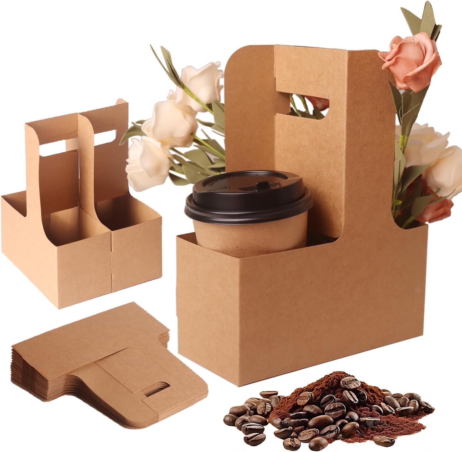 Großhandel 25er Pack 2-Cup/4-Cup Getränketräger mit Griff (12-30oz) | Hersteller von Einweg-Pappbechern | Individuelles Logo auf faltbarem Getränke-Tray für heiße/kalte Getränke, Coffee to Go, Lieferung & Takeout