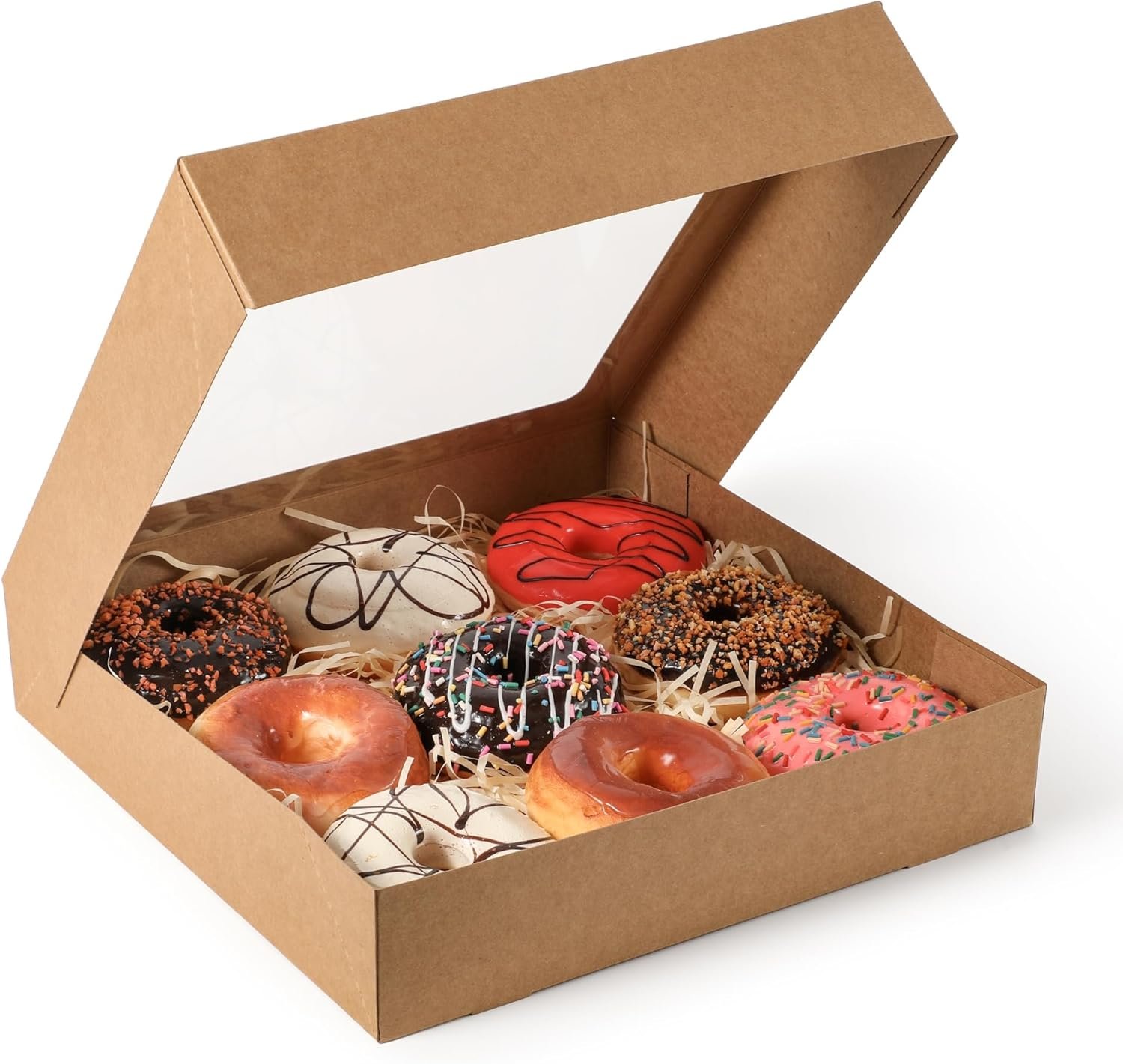 Großhandel 25er Pack Kuchenboxen 12 x 12 x 2,5 Zoll Kraftpapier mit Fenster, Auto-Popup Treat Boxen für Donuts, Kekse und Gebäck, ideal für eigene Marken, zur Verwendung bei Partys, Weihnachten und Valentinstag.