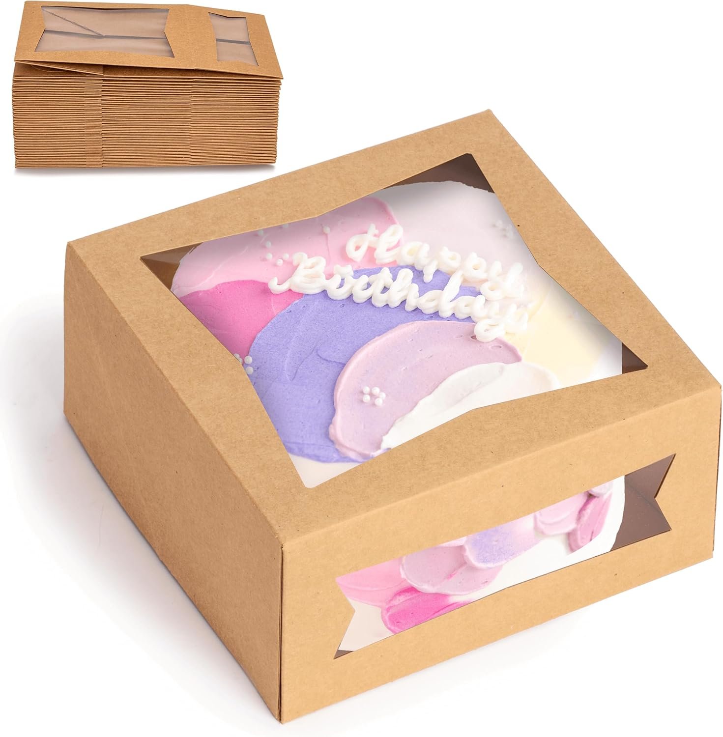 Großhandel 25er Packung Cakeboxen mit Fenster 8x8x4 Auto Pop-Up Bakery Behälter für Süßigkeiten, Kekse und Gebäck, Individuelles Logo für Ihre Eigenmarke, perfekte Verpackung für Geschenke und Transport zu Veranstaltungen wie Valentinstag und Weihnachten, OEM verfügbar.