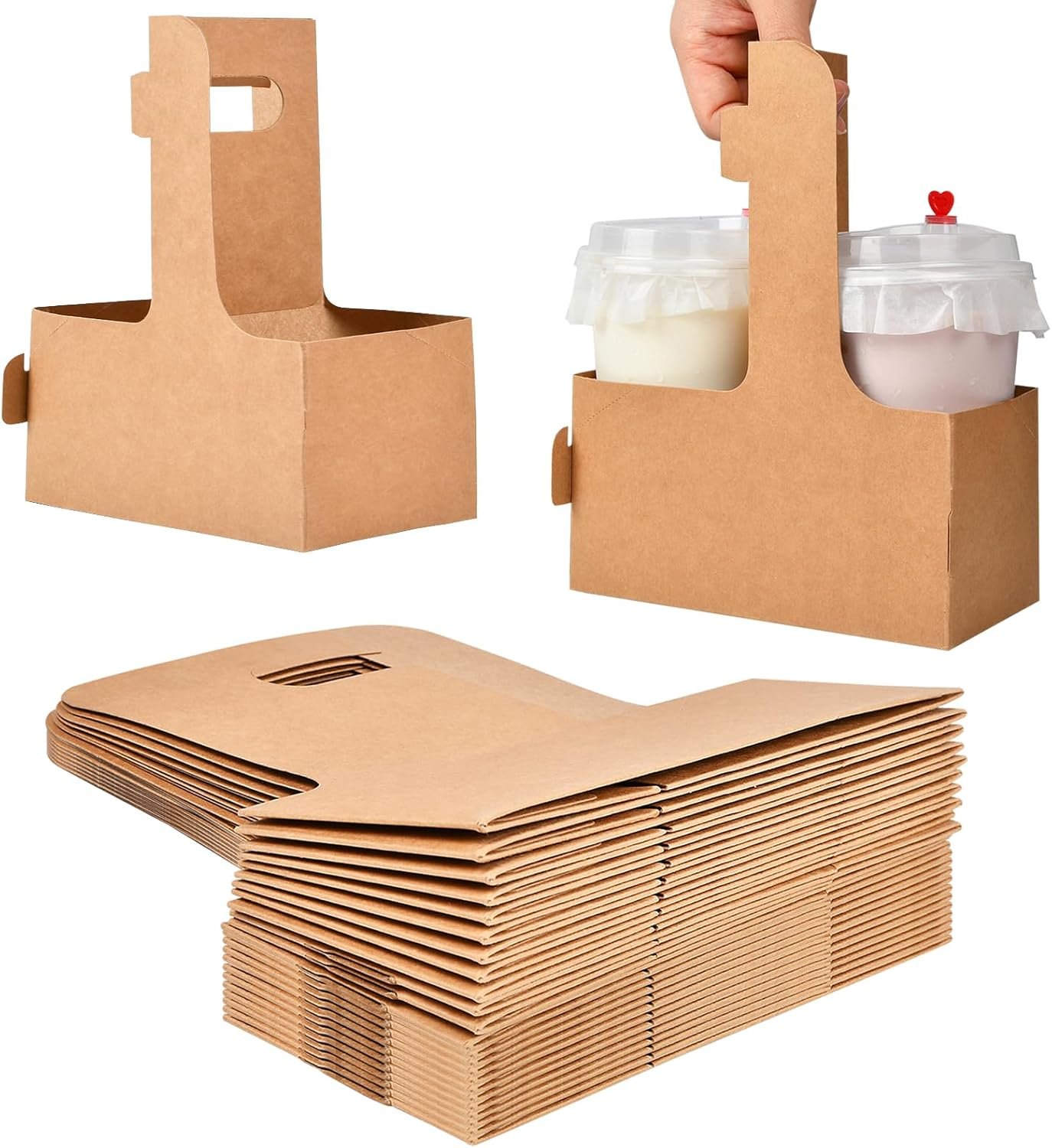 Großhandel 2er Einweg Getränke-Träger mit Griff, Kraftpapier Becherhalter für heiße und kalte Getränke, OEM Kaffeebecher Halter für Essenslieferdienst (20, Kraft)