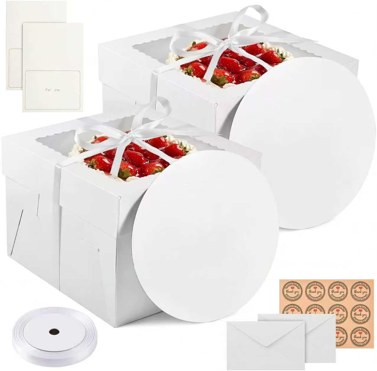 Großhandel 2er Pack 12 x 12 x 8 Zoll Kuchenboxen mit Fenster – Einweg Kuchen-Trägerschachteln mit Deckel, inklusive Aufkleber, Umschläge, Grußkarten und Schleife – Individuelles Logo, OEM, Kuchen- und Cupcake-Backwaren