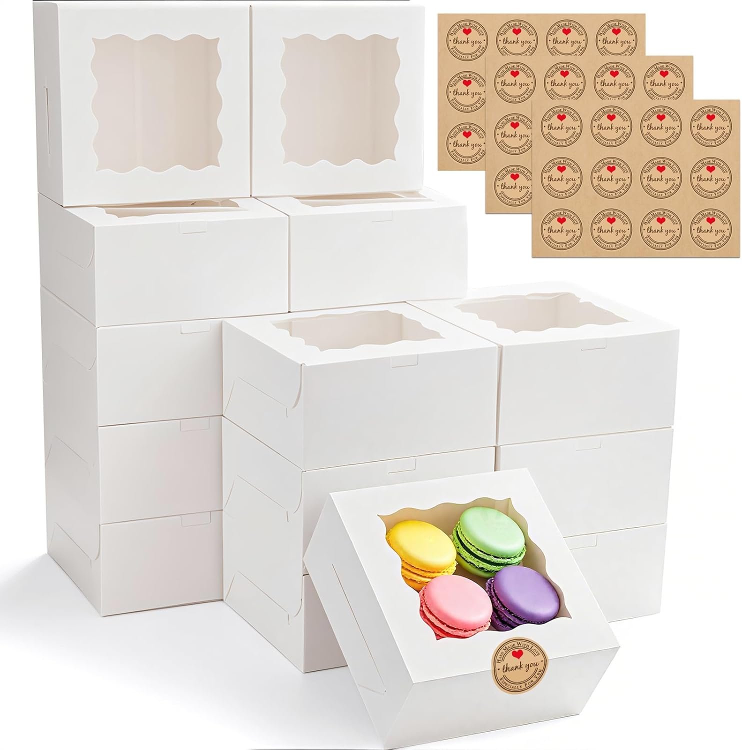 Großhandel 30 Stück Cookie Boxen mit Fenster, 6x6x3 Zoll weiße Bäckereikarton, für kleine Kekse, Süßigkeiten, Desserts, mit 36 Aufklebern, Hersteller für individuelle Logos und Mini-Kuchenboxen Großhandel 30 Stück Cookie Boxen mit Fenster, 6x6x3 Zoll weiße Bäckereikarton, für kleine Kekse, Süßigkeiten, Desserts, mit 36 Aufklebern, Hersteller für individuelle Logos und Mini-Kuchenboxen