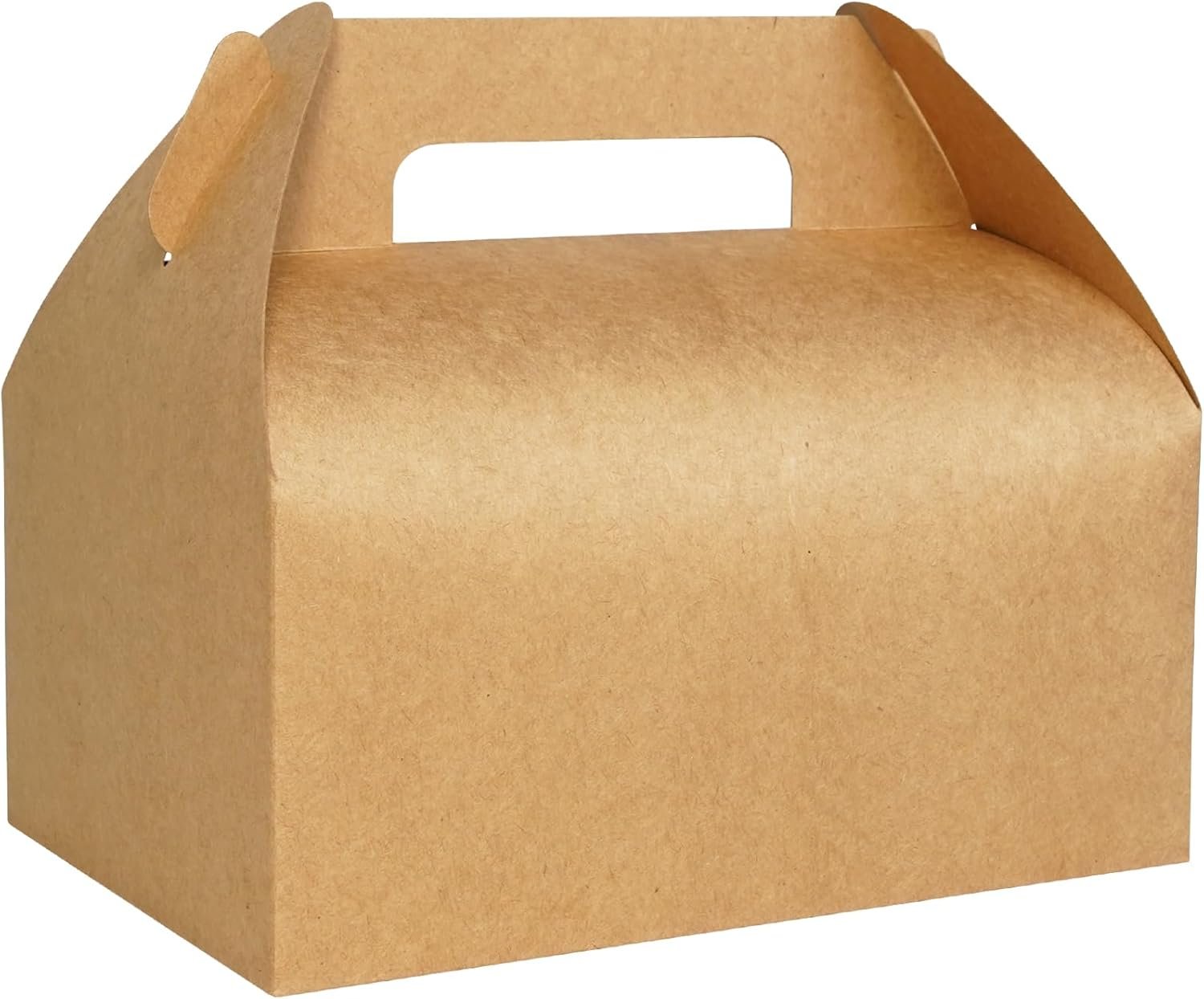 Großhandel 30er Pack 9x6x6 Kraft Gable Boxes, individuell bedruckbare, lebensmittelechte Karton-Lunchboxen, Hersteller von recycelbaren Geschenkboxen mit Griffen für Snacks, Picknick, Takeout Essen, Goodie Bags und robuste Barn Boxen, in Großmenge erhältlich.