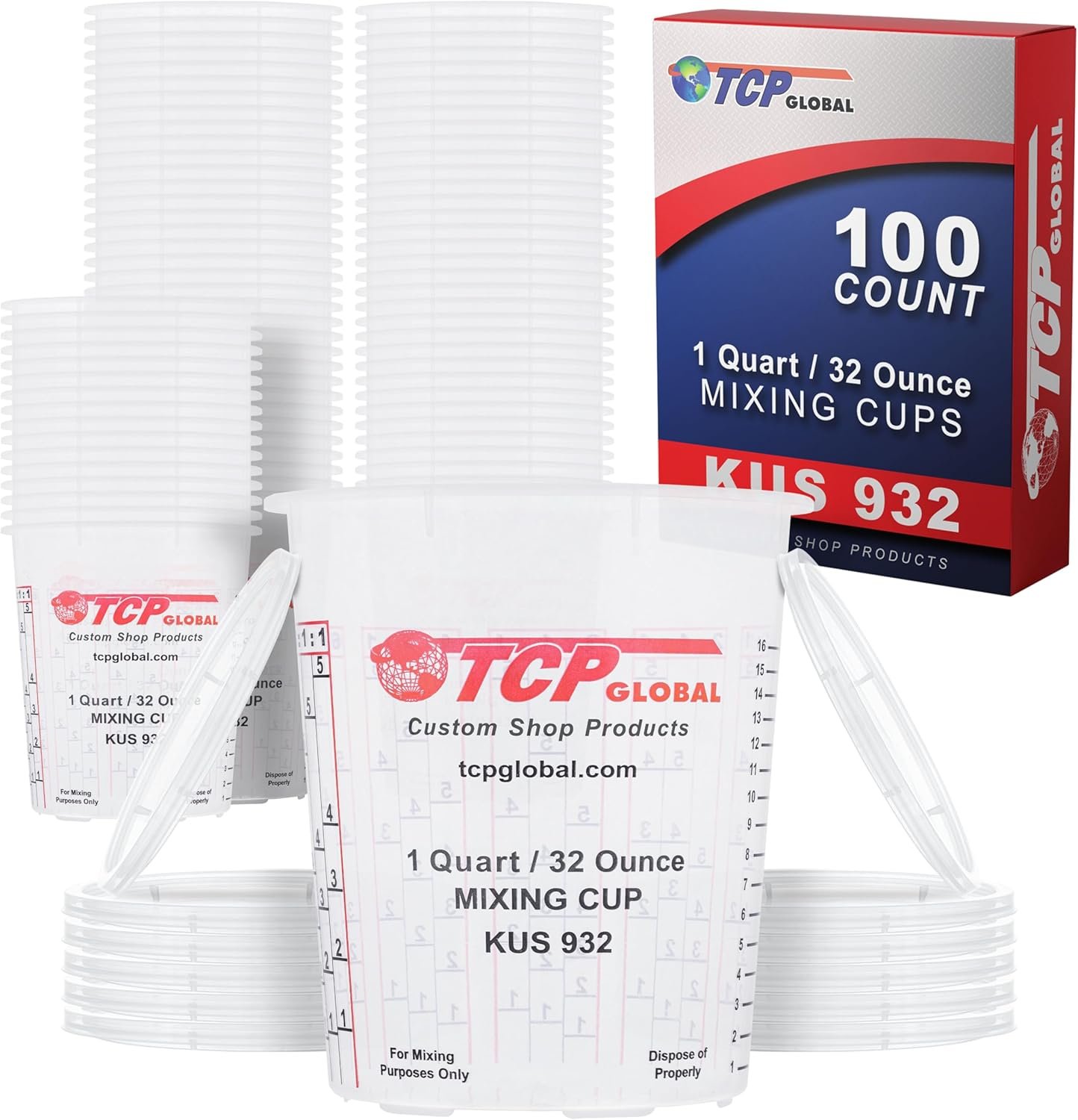 Großhandel 32-Unzen Mischbecher aus Kunststoff, individuell bedruckt - Hersteller für Flüssigkeiten, Epoxidharz und Acryl, wiederverwendbar oder Einweg, mit Skala für Mischverhältnisse, Box mit 100 Stück, Eigenmarke.