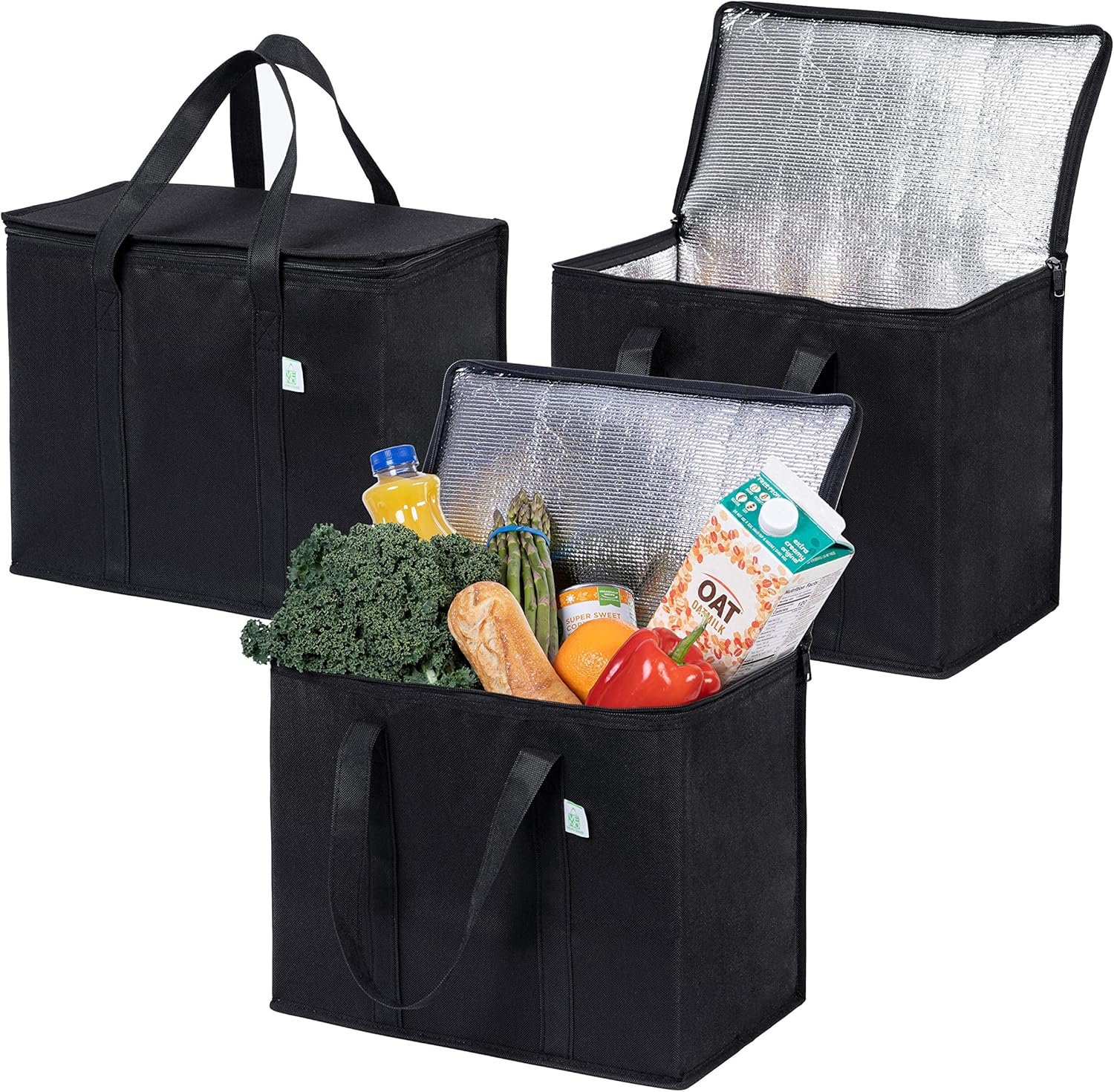 Großhandel 3er Pack isolierte, wiederverwendbare Einkaufstaschen, schwere Qualität, große Größe, langlebige Griffe, mit Doppel-Reißverschlüssen, Deckel, steht stabil, faltbar, nachhaltig – individuelles Logo, Hersteller, Bulk.