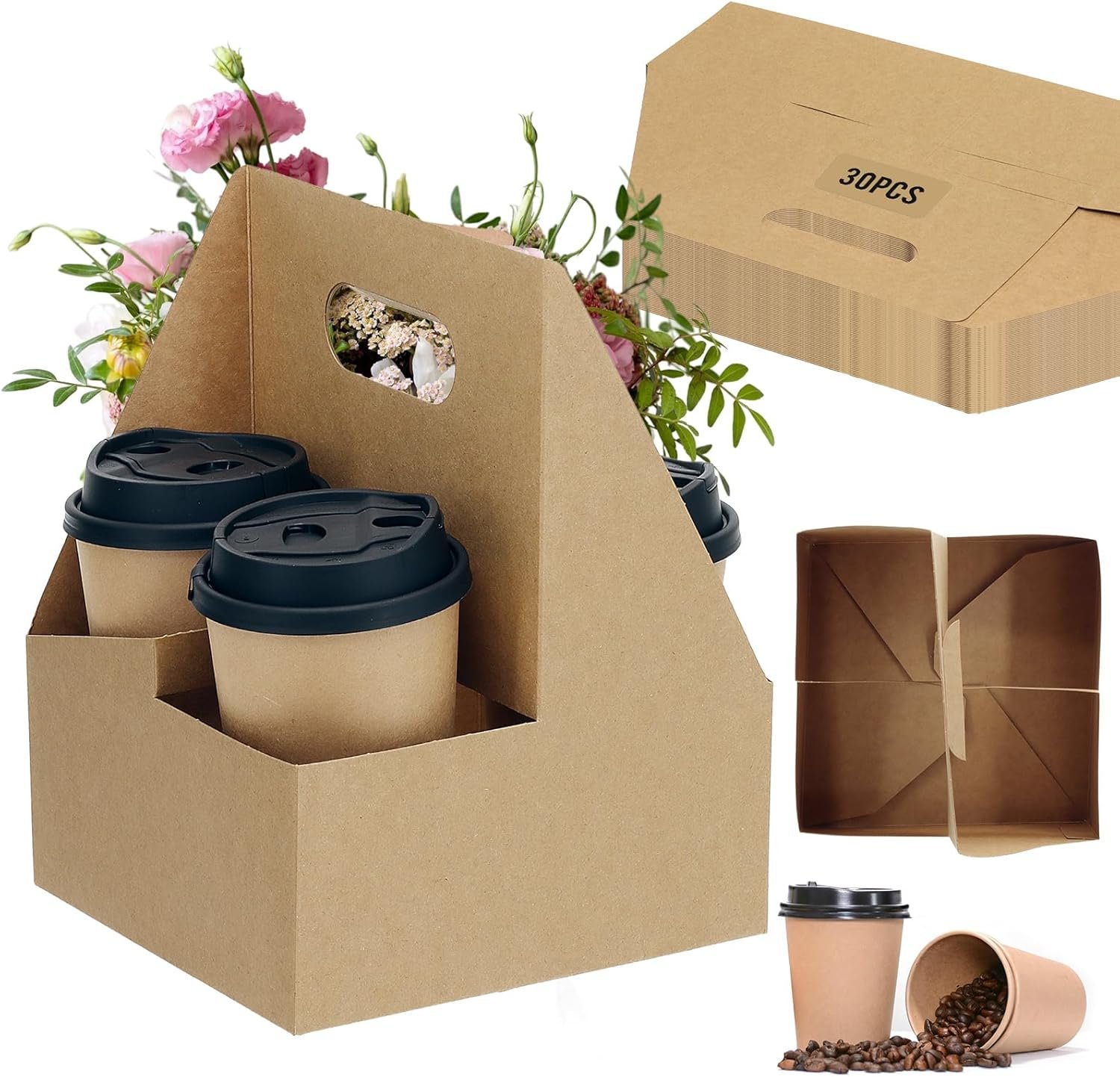 Großhandel 4 Tassen Getränke Träger mit Griff, 30 Stück Pappbecher Halter für Getränke, faltbares Kraftpapier Tray für 12oz-32oz Takeout Hot Cold Drinks, individuelles Logo von Hersteller
