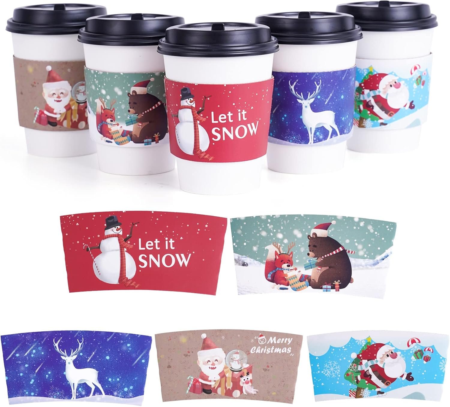 Großhandel 40 Stück Weihnachtskaffeetassen-Hot-Chocolate-Becherhüllen, passend für 12 oz bis 20 oz, mit 5 verschiedenen individuellen Designs für heiße Schokolade, Kaffee, Kakao, Tee oder kalte Getränke, Hersteller für individuelle Logos, OEM verfügbar.