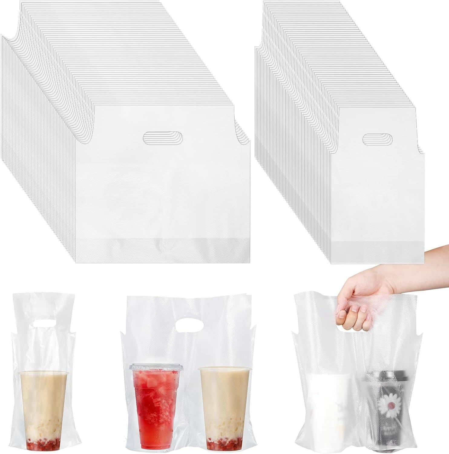 Großhandel 400 Stück Einweg Tragebeutel mit Griff für 2 Tassen To-Go Kaffeeträger für die Lieferung, eigener Hersteller für Verpackung und Getränke, inklusive klaren Tragetaschen für Saft, Milch und Tee.