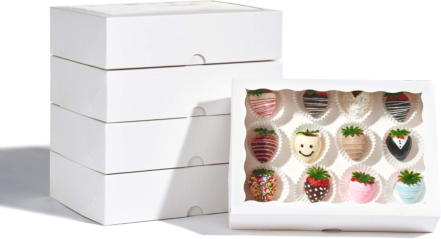 Großhandel 4er Pack 10x7x2,5 Zoll Weiße Erdbeerboxen mit Fenster, Dessertverpackungen für Kekse, Donuts, Macarons, Muffins und heiße Kakao-Bomben, Individuelles Logo für elegantes Geschenkpaket, Hersteller von Verpackungen in Großmenge