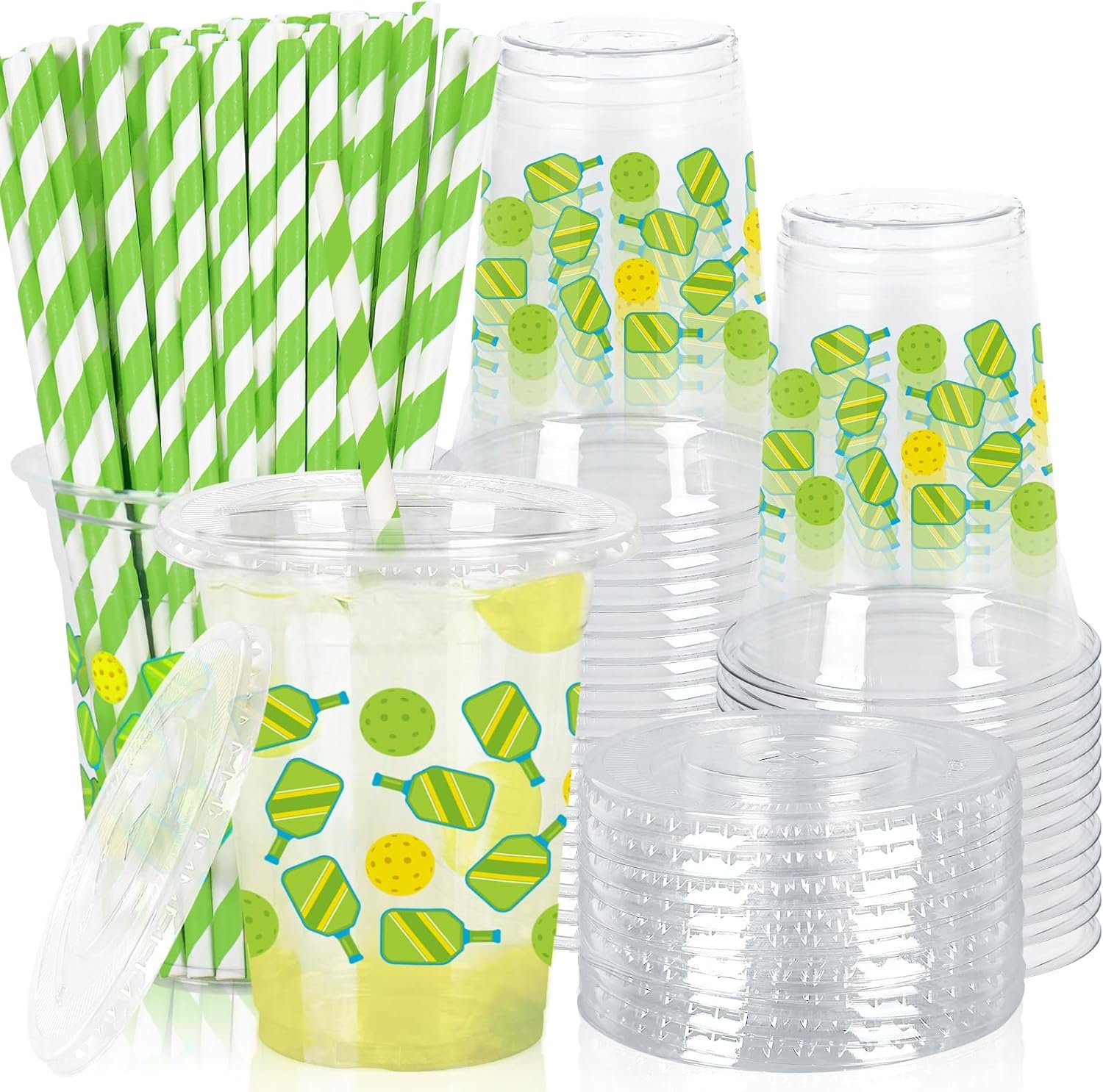 Großhandel 50 Stück 12Oz Kunststoffbecher für Pickleball mit Deckel und Strohhalmen, klare Einwegtrinkbecher für Sportmottogeburtstags- und Babypartybedarf, individuelles Logo willkommen bei unserem Hersteller