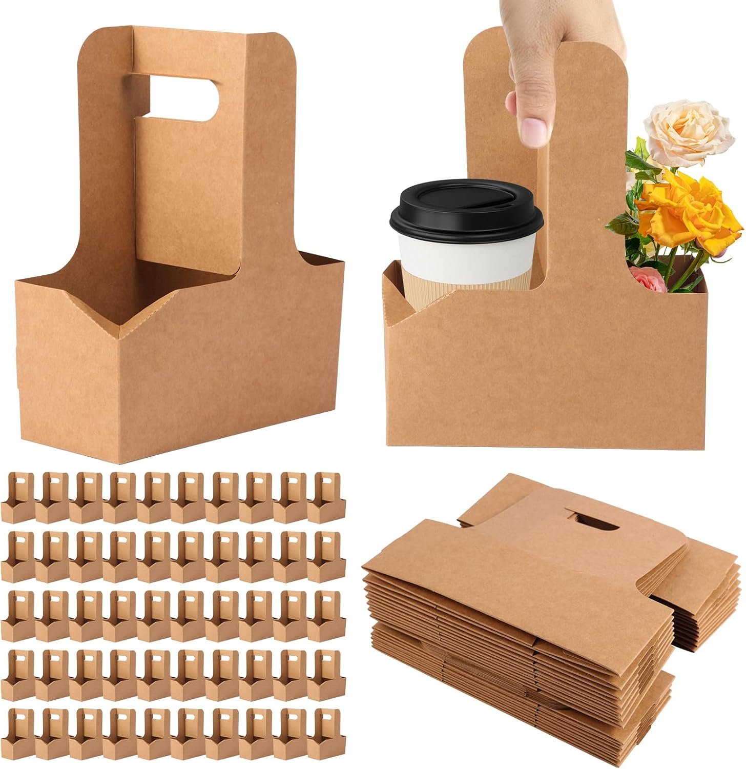 Großhandel 50 Stück 2-Becher Einweg Getränke-Träger mit Griff, Kraft-Papier-Tragbehälter für heiße oder kalte Getränke, förderlich für die Lieferung von Kaffee und Getränken, Individuelles Logo, OEM Verpackung im floralen Design Großhandel 50 Stück 2-Becher Einweg Getränke-Träger mit Griff, Kraft-Papier-Tragbehälter für heiße oder kalte Getränke, förderlich für die Lieferung von Kaffee und Getränken, Individuelles Logo, OEM Verpackung im floralen Design