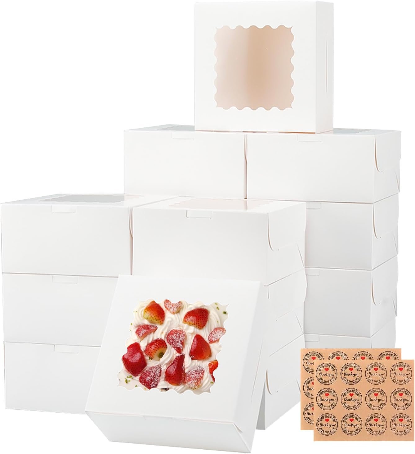 Großhandel 50 Stück 6x6x3 Zoll weiße Bäckereiboxen mit Fenster für den Valentinstag, Treat Boxes für Kekse, kleine Torten, Schokoladenüberzogene Erdbeeren, Cupcakes und Gebäck, individuell bedruckbar mit Ihrem Logo, vom Hersteller geliefert.