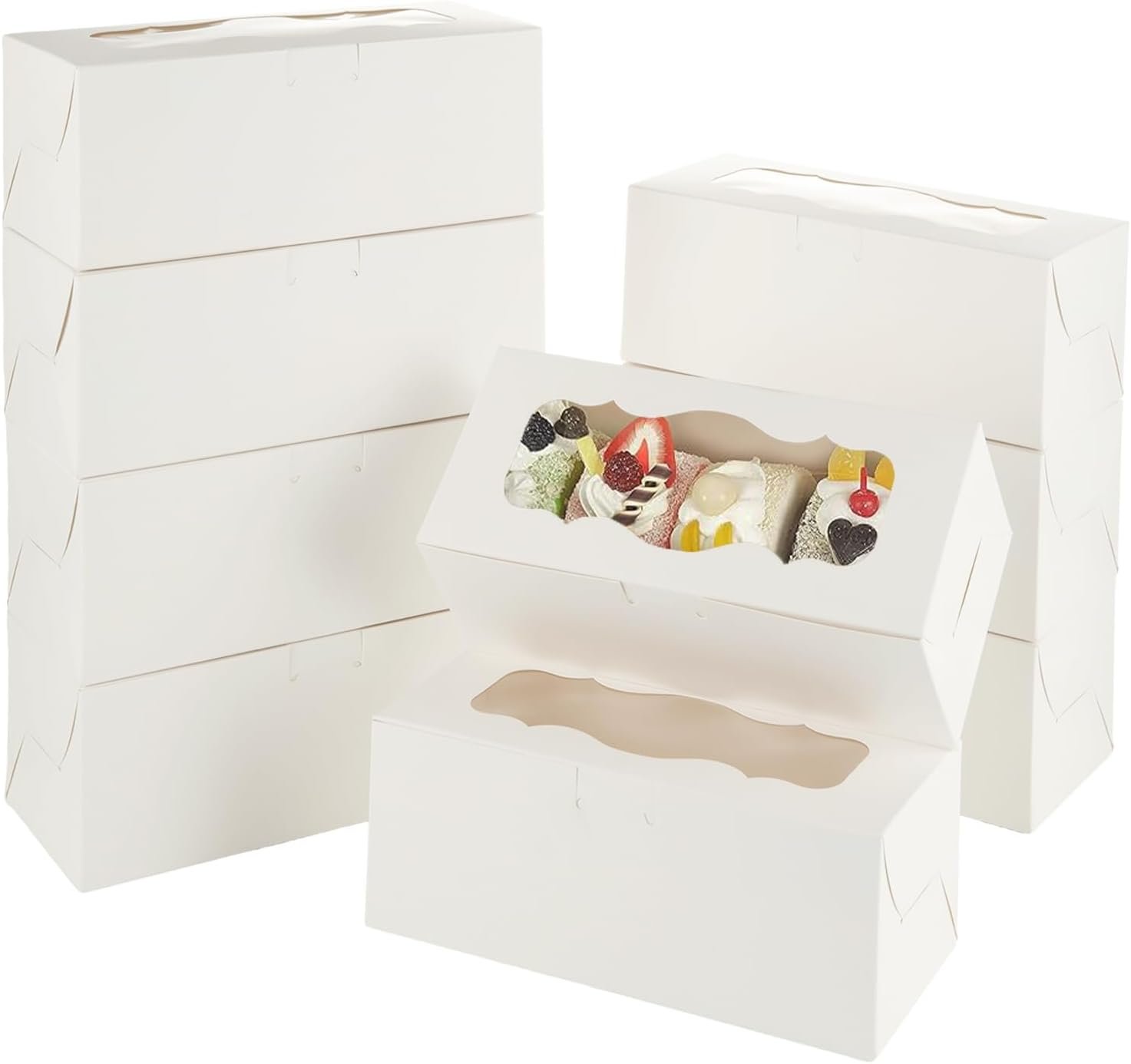 Großhandel 50 Stück 9x4x3,5 Zoll weiße Bäckereikisten mit Fenster, ideal für Rollkuchen, Süßigkeiten und Gebäck, Muffins und Donuts, individuelle Logooptionen vom Hersteller, Bulk-Verpackung erhältlich.