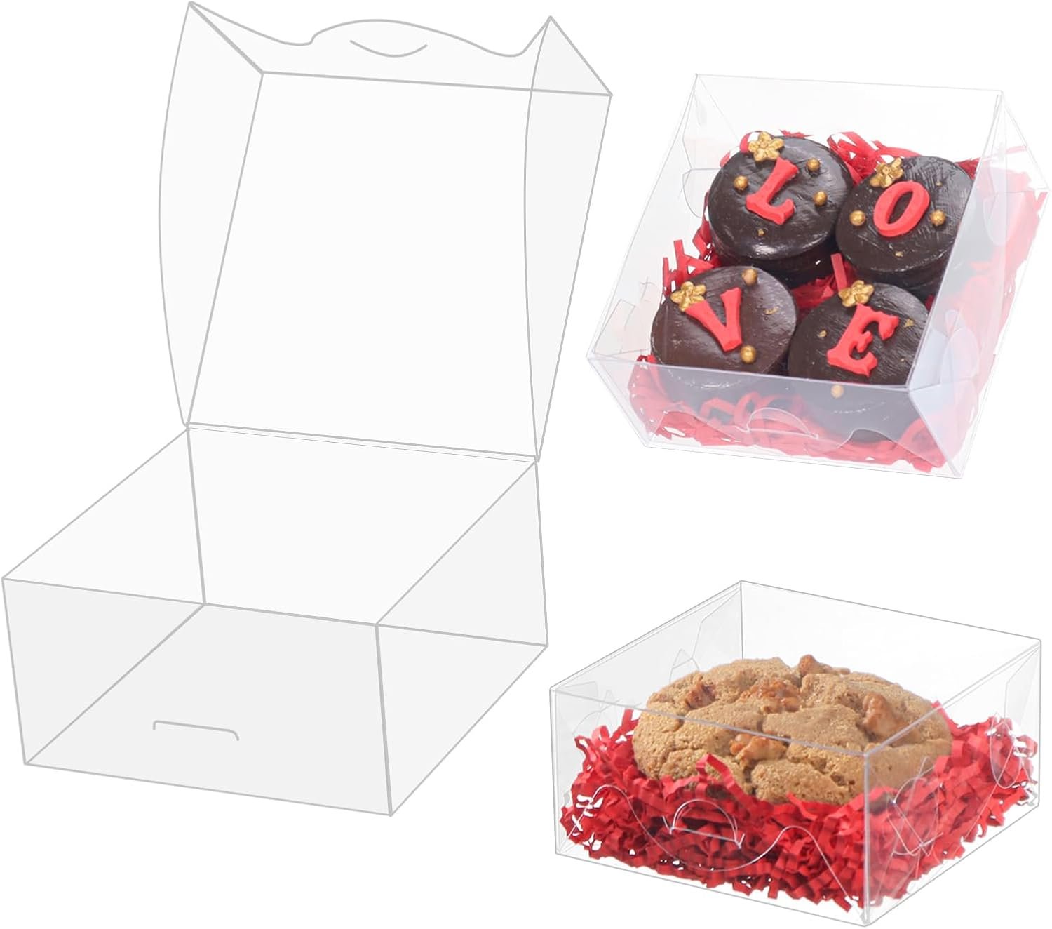 Großhandel 50 Stück klare Plastik-Pastetenschachteln 4x4x2 Zoll für Cookies, Doughnuts, Seifen, Trüffel, Brownies, Kuchen, mit individuellem Logo als Treat-Boxen für Partygeschenke und Hochzeiten von einem Hersteller Ihrer Wahl.