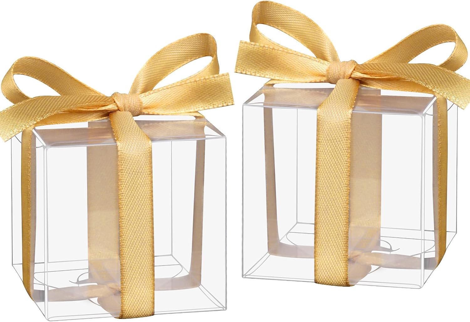 Großhandel 50 Stück transparente Partytüten 2x2x2 Zoll mit Bändern, kleine Kunststoffgeschenkboxen für Hochzeitsgeschenke, Babypartys, Geburtstage und Klassenzimmer, individuell mit Logo bedruckbar, vom Hersteller geliefert in Großmenge.